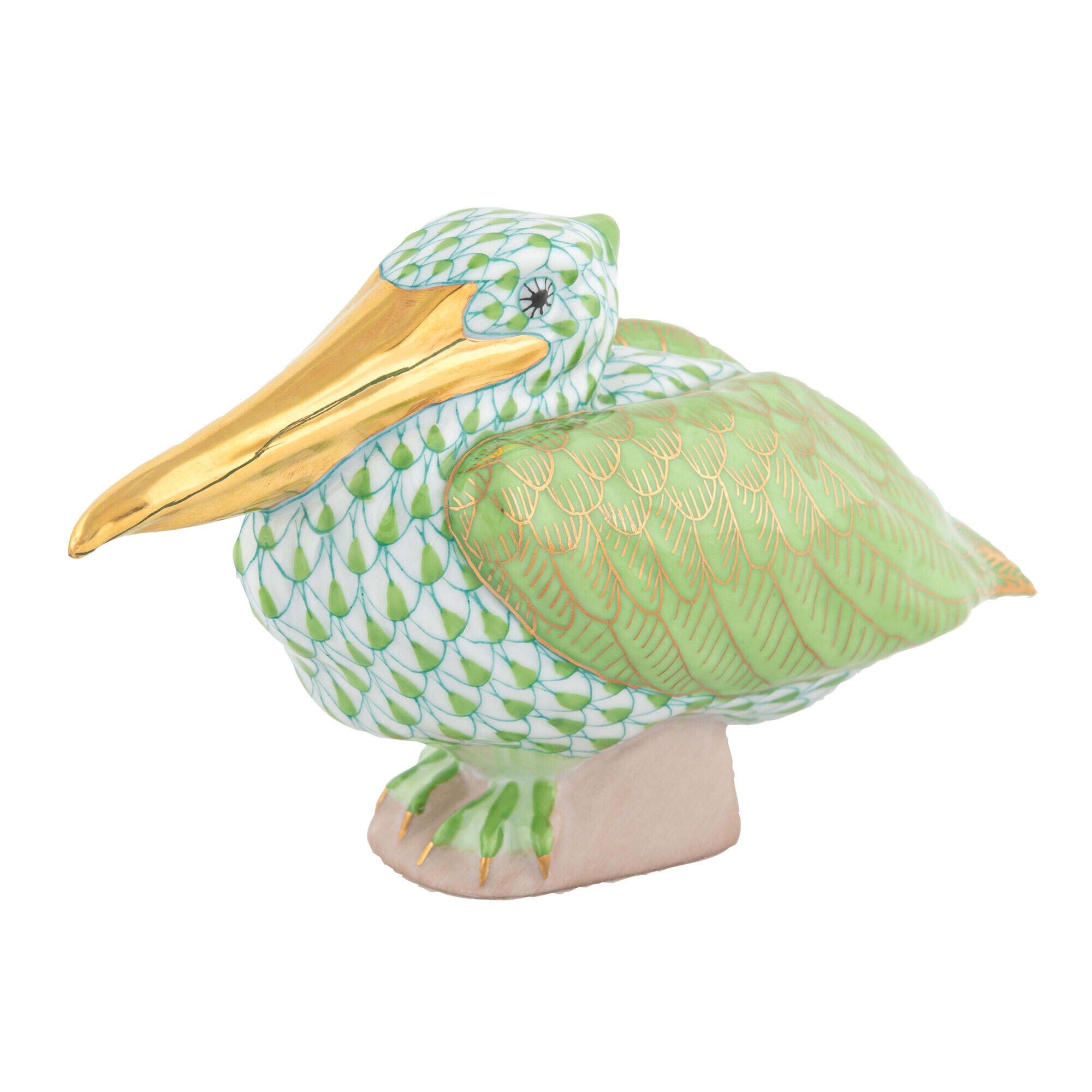 Hand-painted Herend Sitting Pelican Figurine in Key Lime fishnet porcelain on a white background