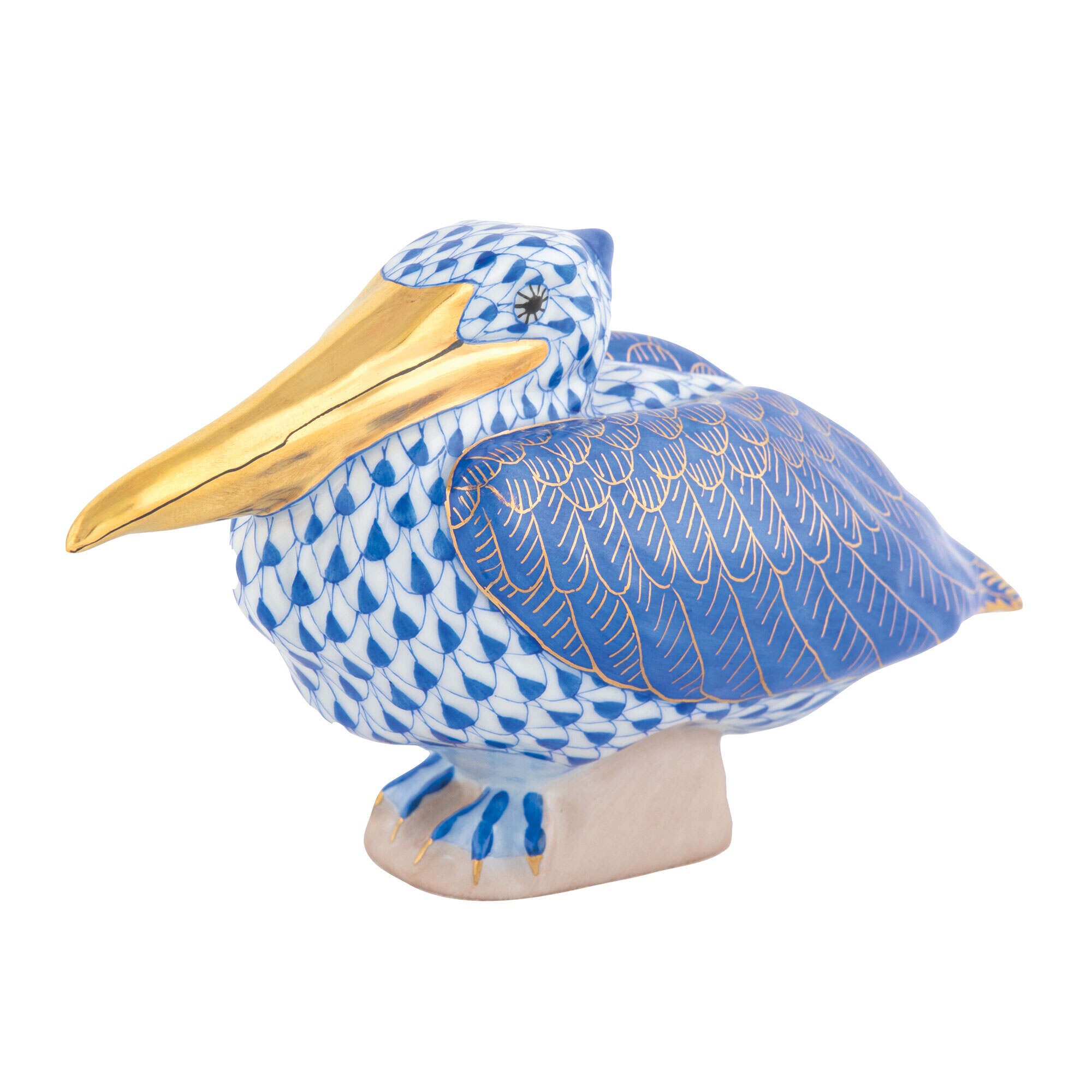 Hand-painted Herend Sitting Pelican Figurine in Sapphire fishnet porcelain on a white background