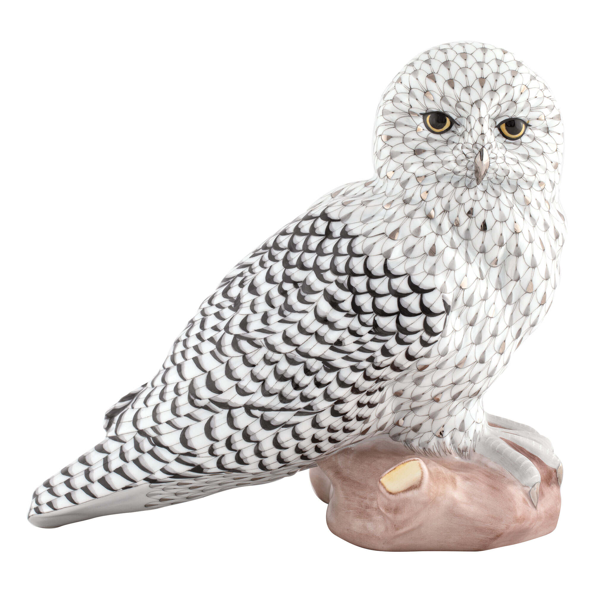 Hand-painted Herend Sitting Snowy Owl Figurine in fine porcelain, 7.75in L X 5.75in W X 7in H, on a white background