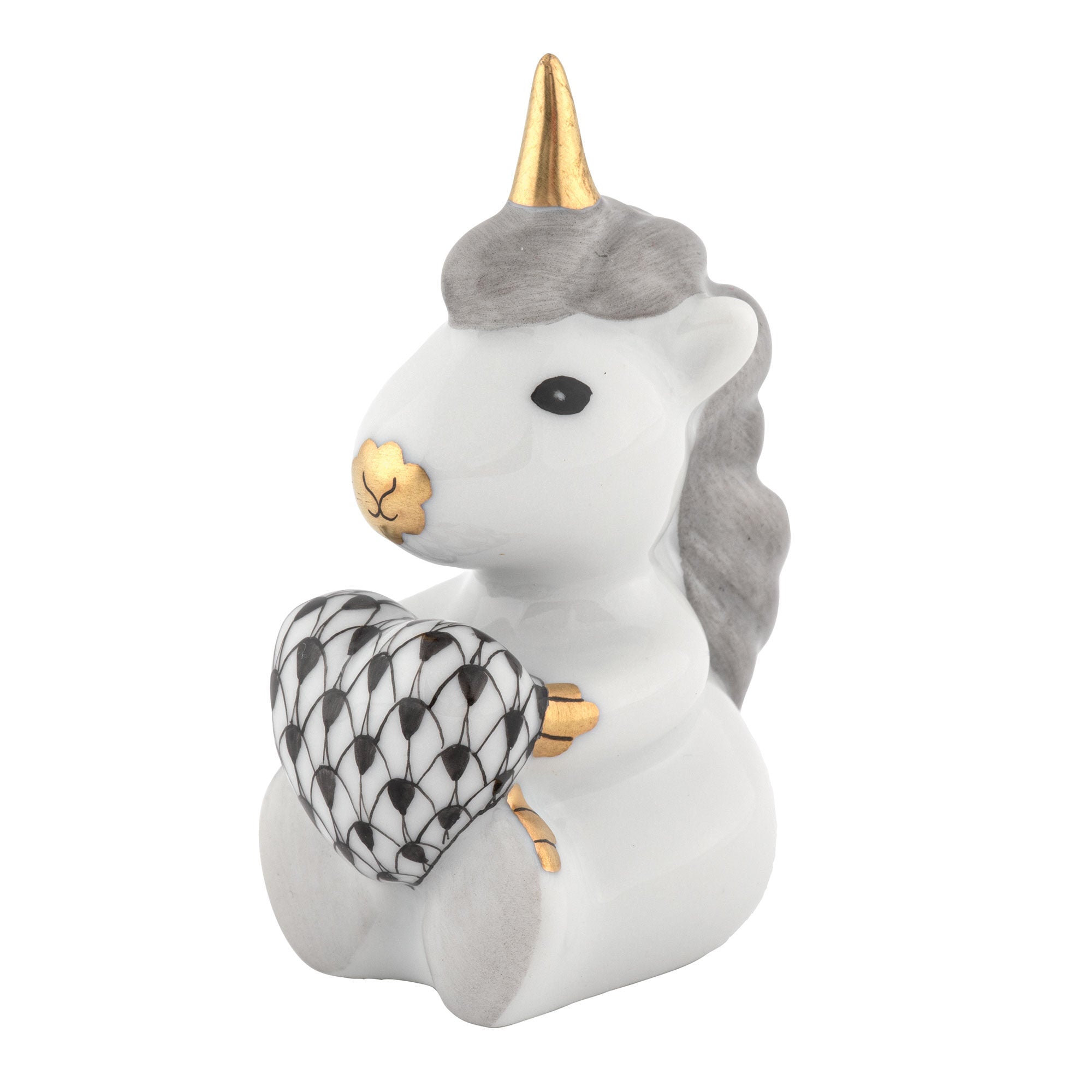 Herend Sitting Unicorn Figurine porcelain figurine painted in the Black fishnet pattern