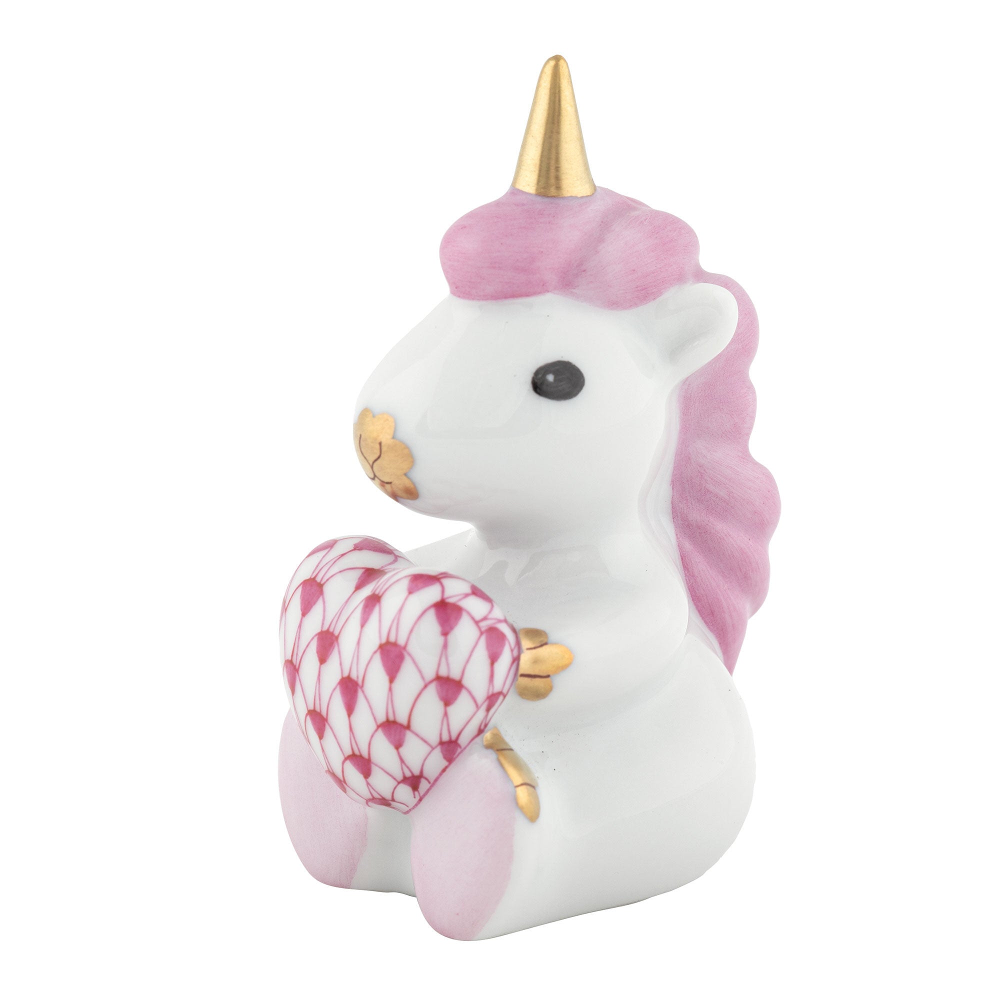 Herend Sitting Unicorn Figurine porcelain figurine painted in the Raspberry fishnet pattern