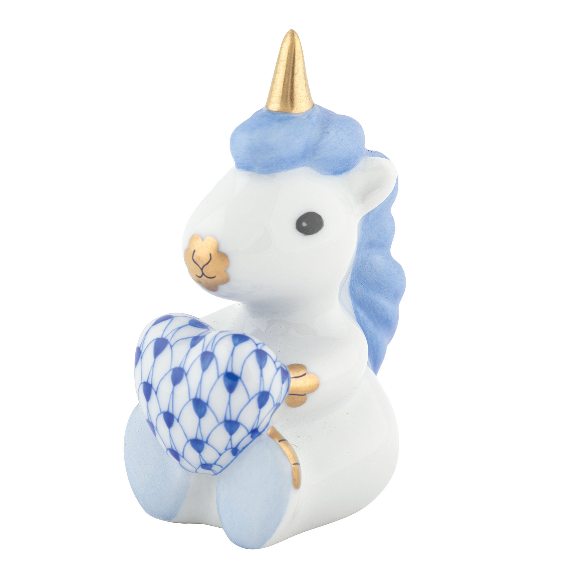 Sapphire fishnet Sitting Unicorn Figurine figurine, hand-painted Herend porcelain with 24k gold accents