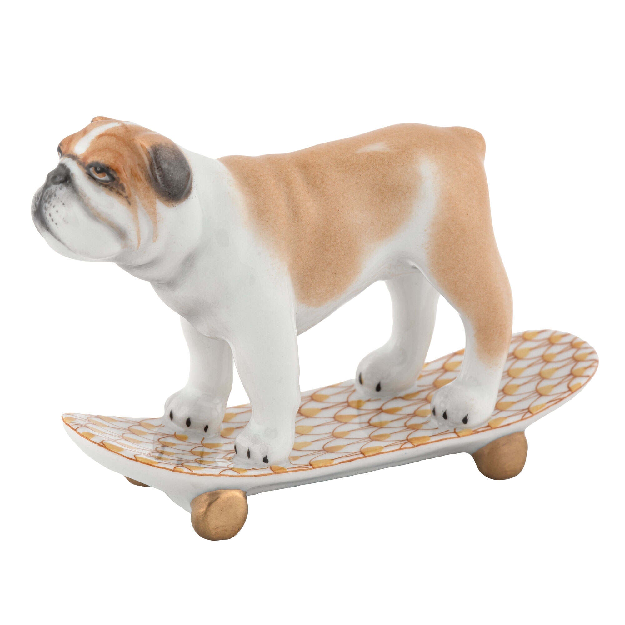 Herend Skateboarding Bulldog Figurine porcelain figurine painted in the Butterscotch fishnet pattern