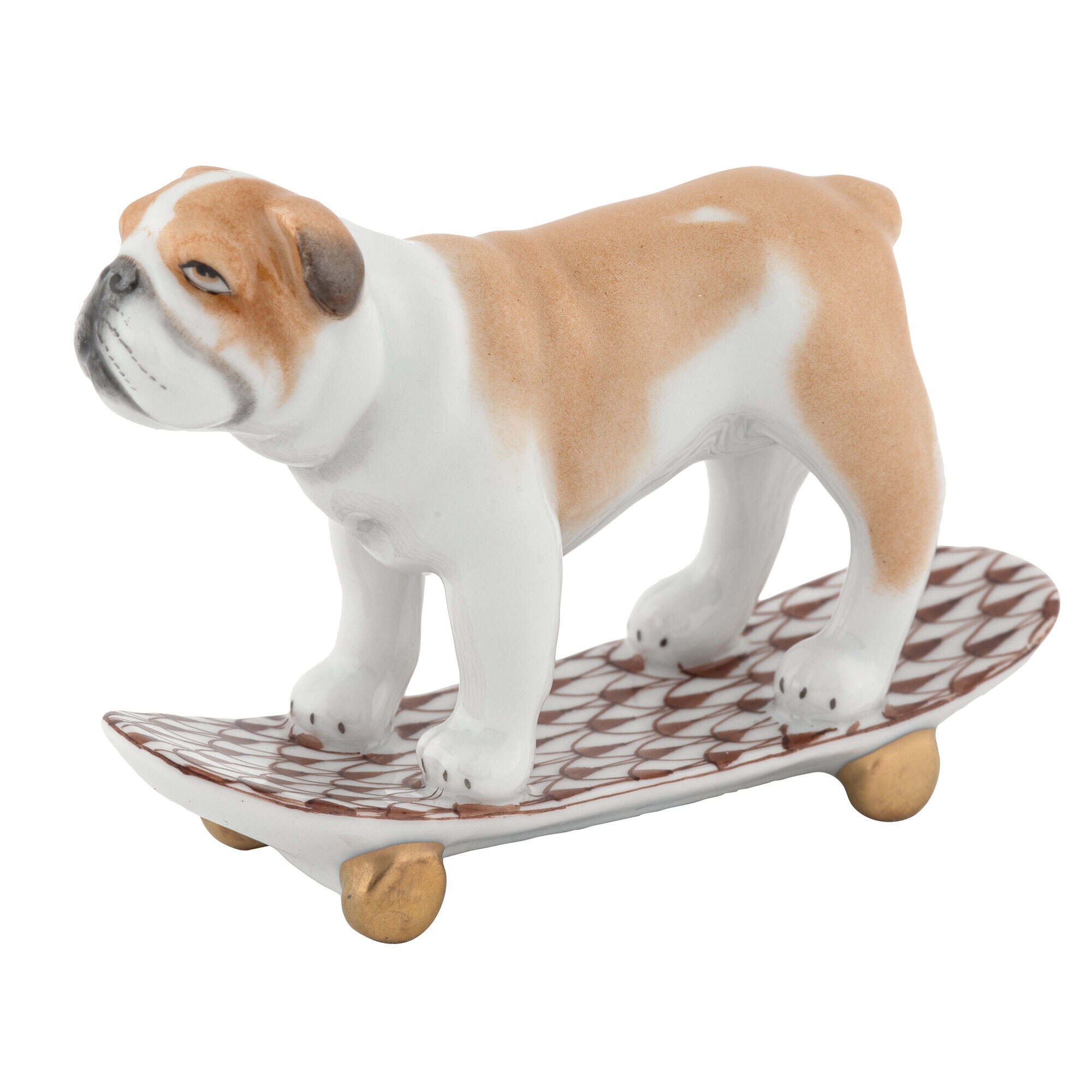 Skateboarding Bulldog Figurine in hand-painted Chocolate porcelain by Herend of Hungary