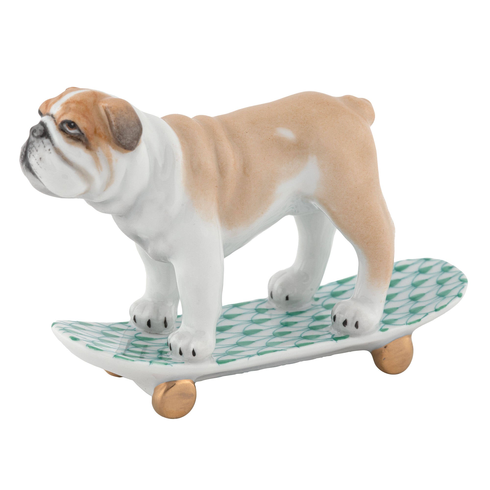 Herend Skateboarding Bulldog Figurine porcelain figurine painted in the Green fishnet pattern