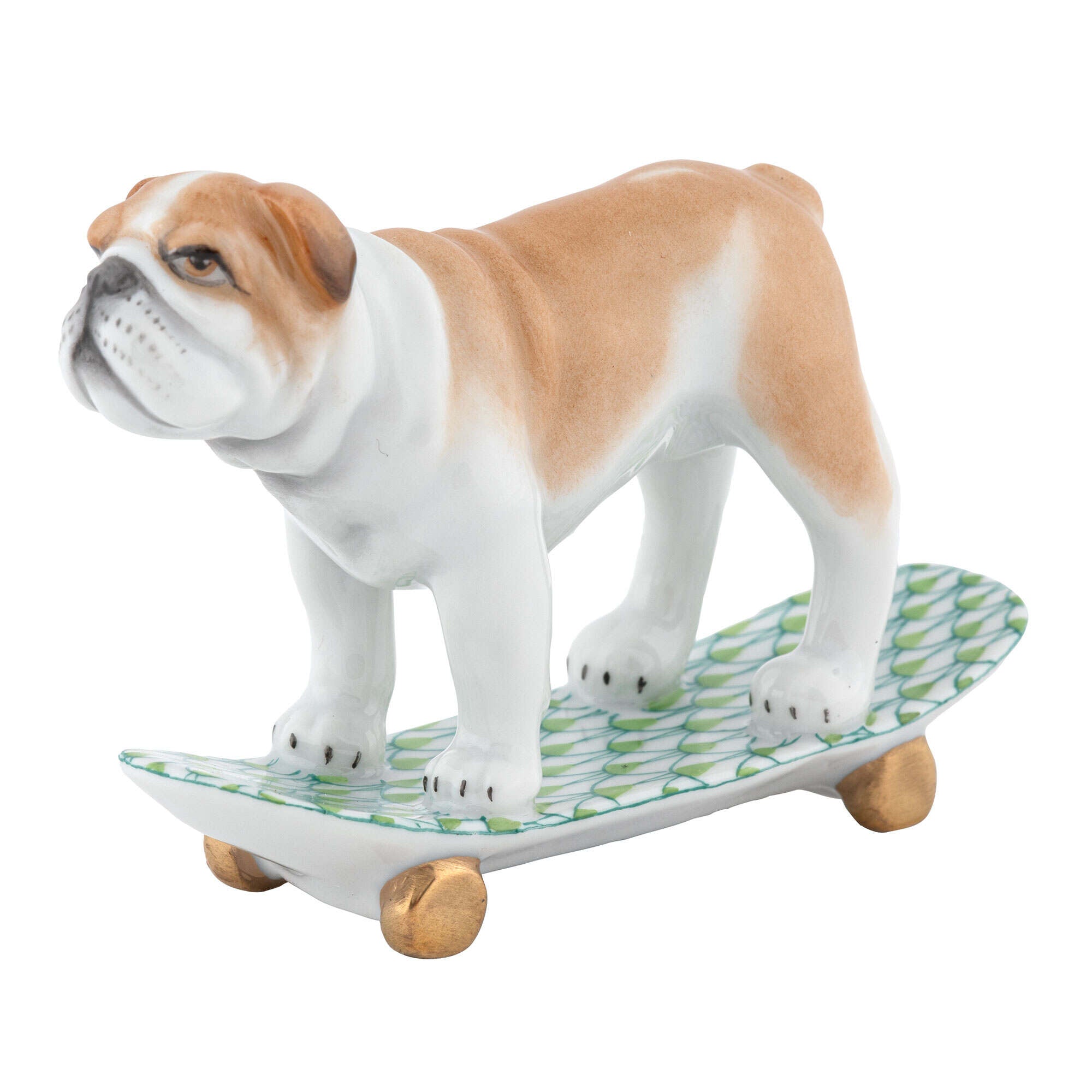 Herend Skateboarding Bulldog Figurine porcelain figurine painted in the Key Lime fishnet pattern