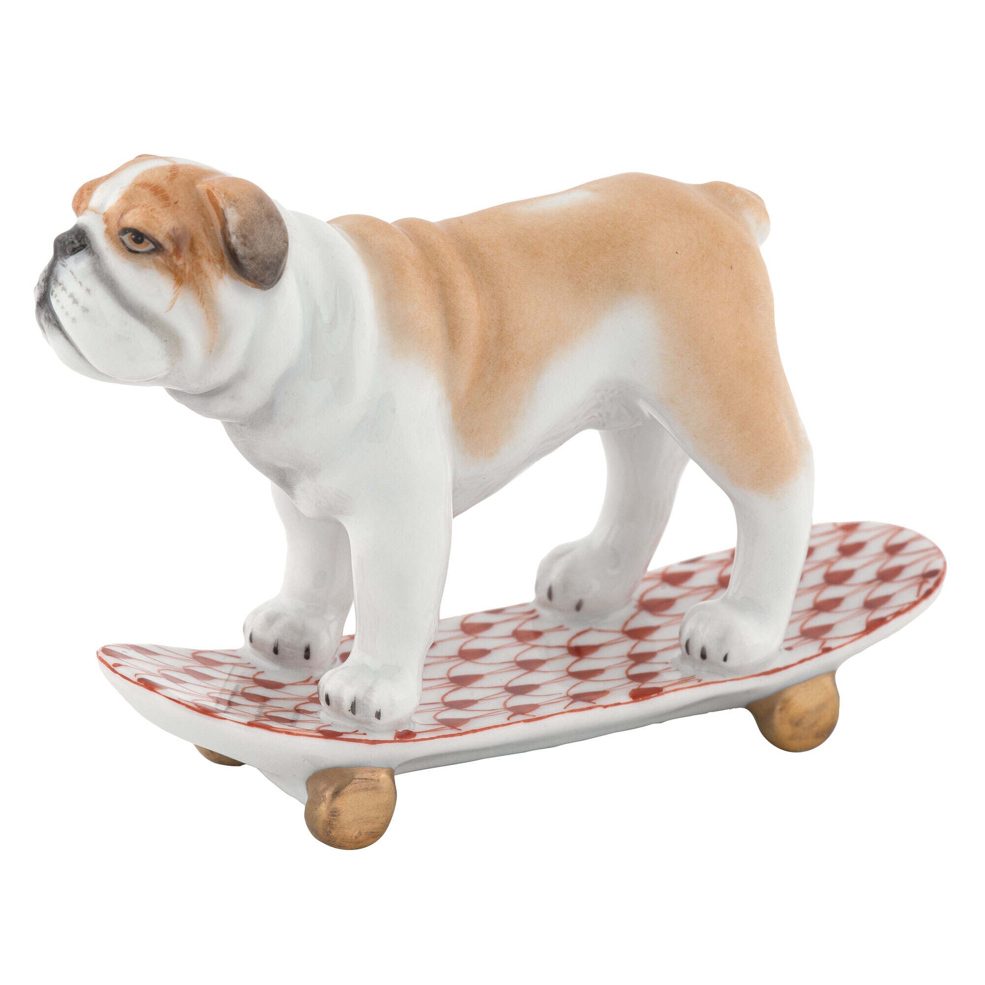 Skateboarding Bulldog Figurine in hand-painted Rust porcelain by Herend of Hungary