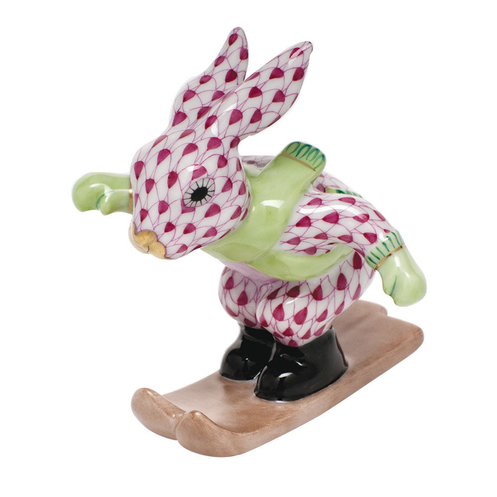 Herend Ski Bunny Figurine porcelain figurine painted in the Raspberry fishnet pattern