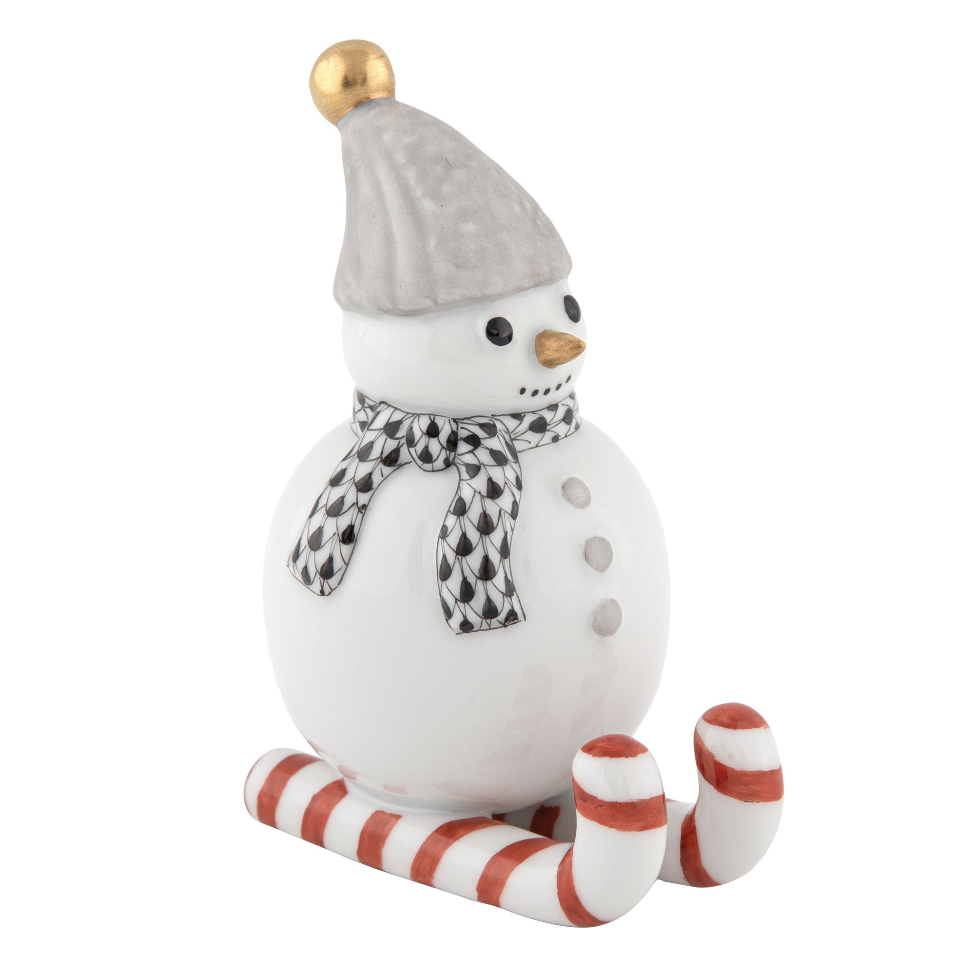 Herend Skiing Snowman Figurine porcelain figurine painted in the Black fishnet pattern