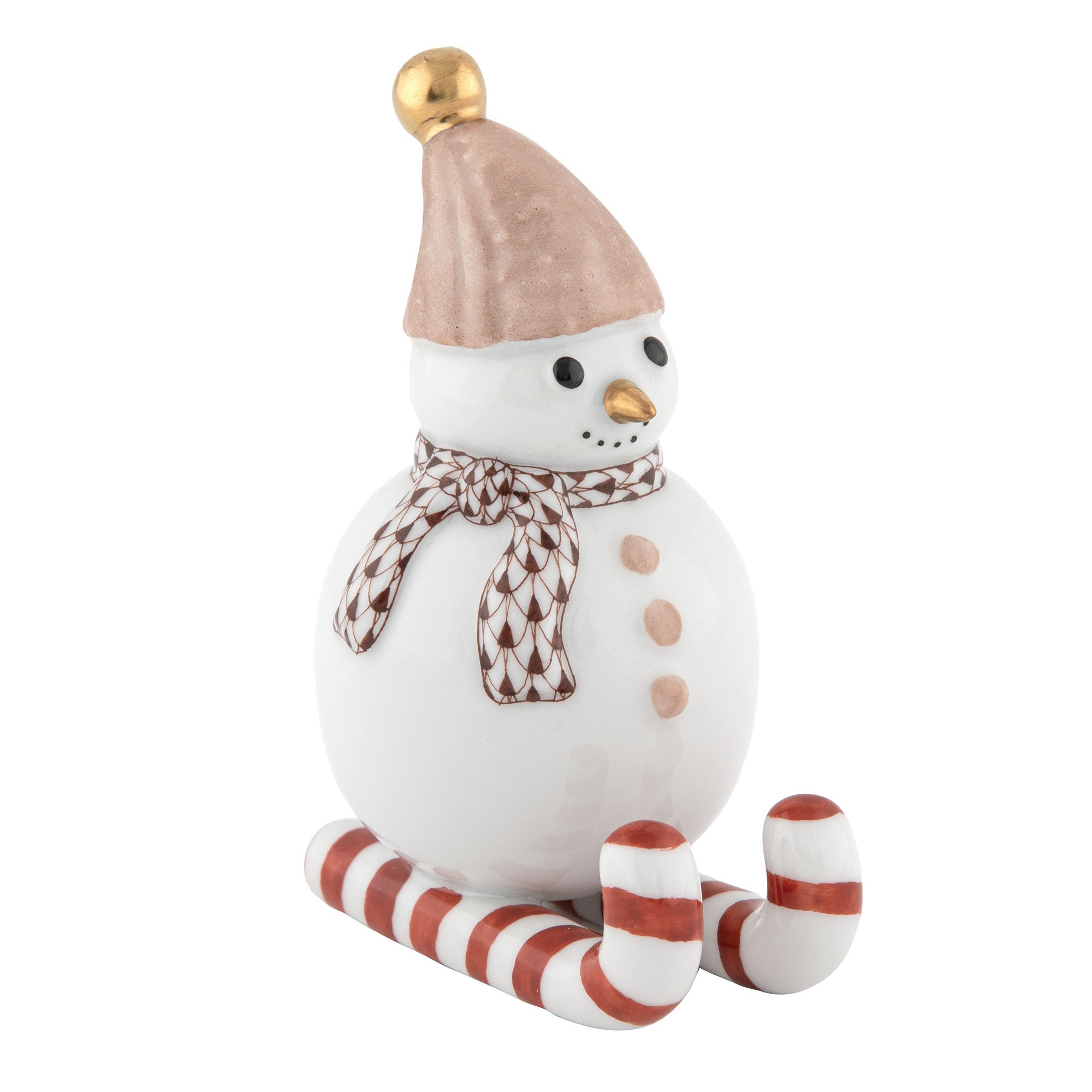 Herend Skiing Snowman Figurine porcelain figurine painted in the Chocolate fishnet pattern