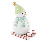 Hand-painted Herend Skiing Snowman Figurine in Key Lime fishnet porcelain on a white background