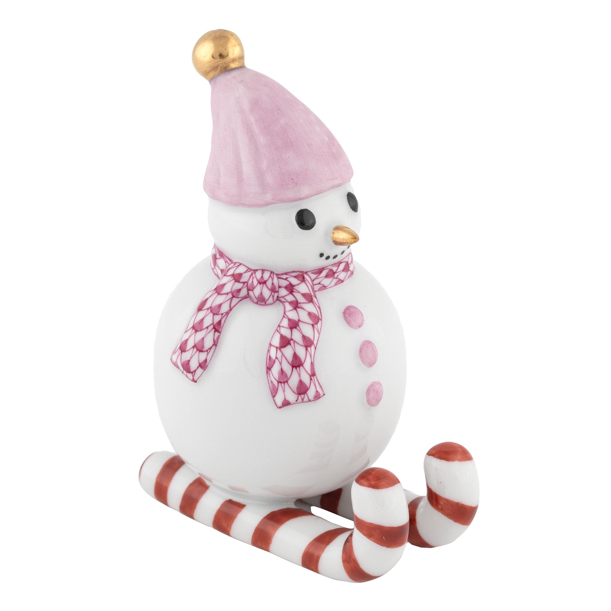 Raspberry fishnet Skiing Snowman Figurine figurine, hand-painted Herend porcelain with 24k gold accents