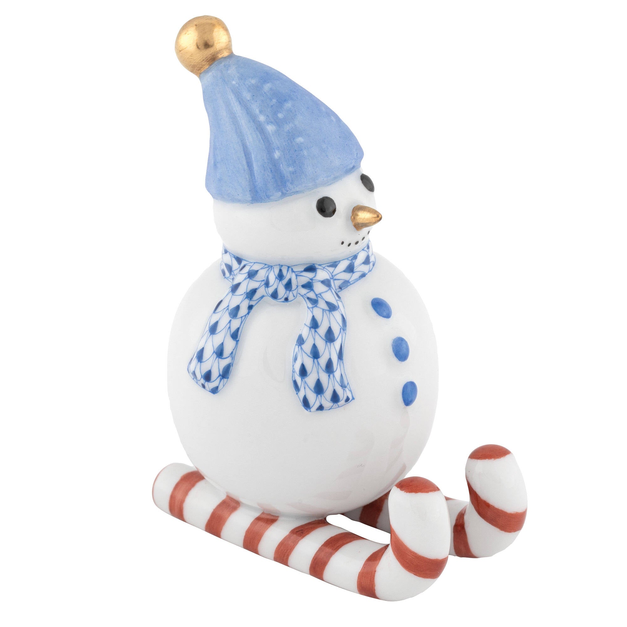 Hand-painted Herend Skiing Snowman Figurine in Sapphire fishnet porcelain on a white background
