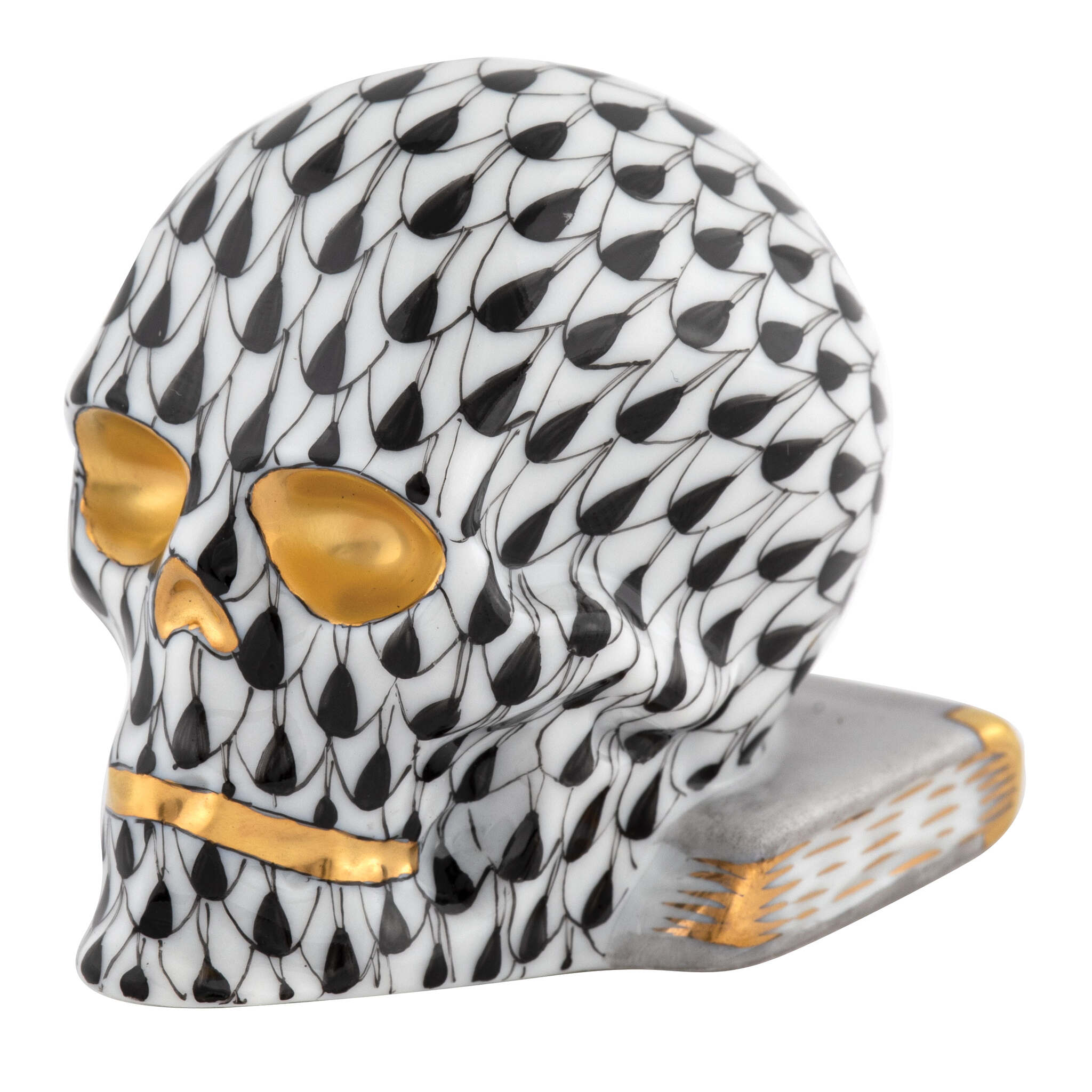 Herend Skull Figurine porcelain figurine painted in the Black fishnet pattern