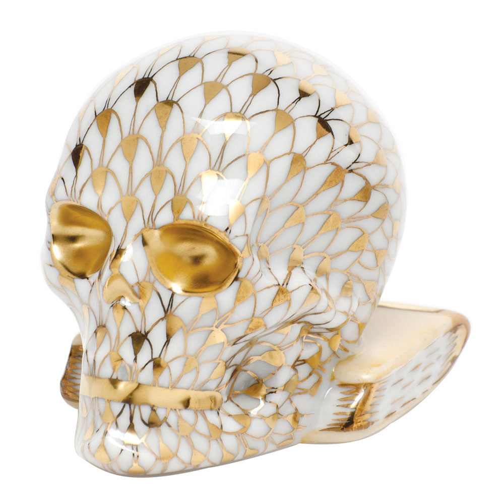 Herend Skull Figurine porcelain figurine painted in the Gold fishnet pattern
