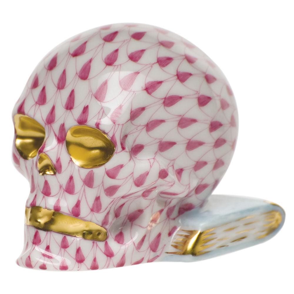 Herend Skull Figurine porcelain figurine painted in the Raspberry fishnet pattern