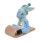 Herend Sledding Bunny Figurine porcelain figurine painted in the Blue fishnet pattern