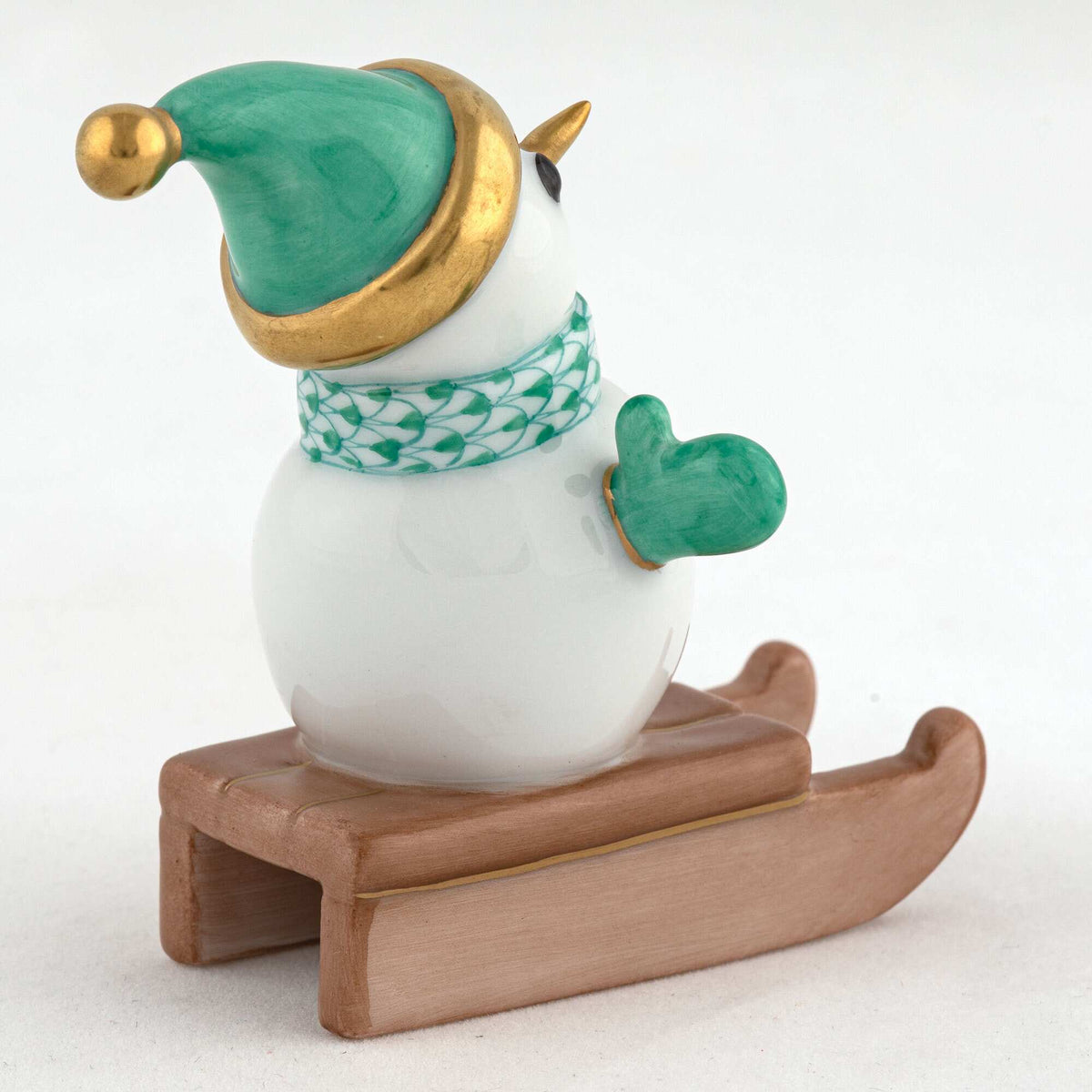 Herend Sledding Snowman Figurine – Green, alternate view