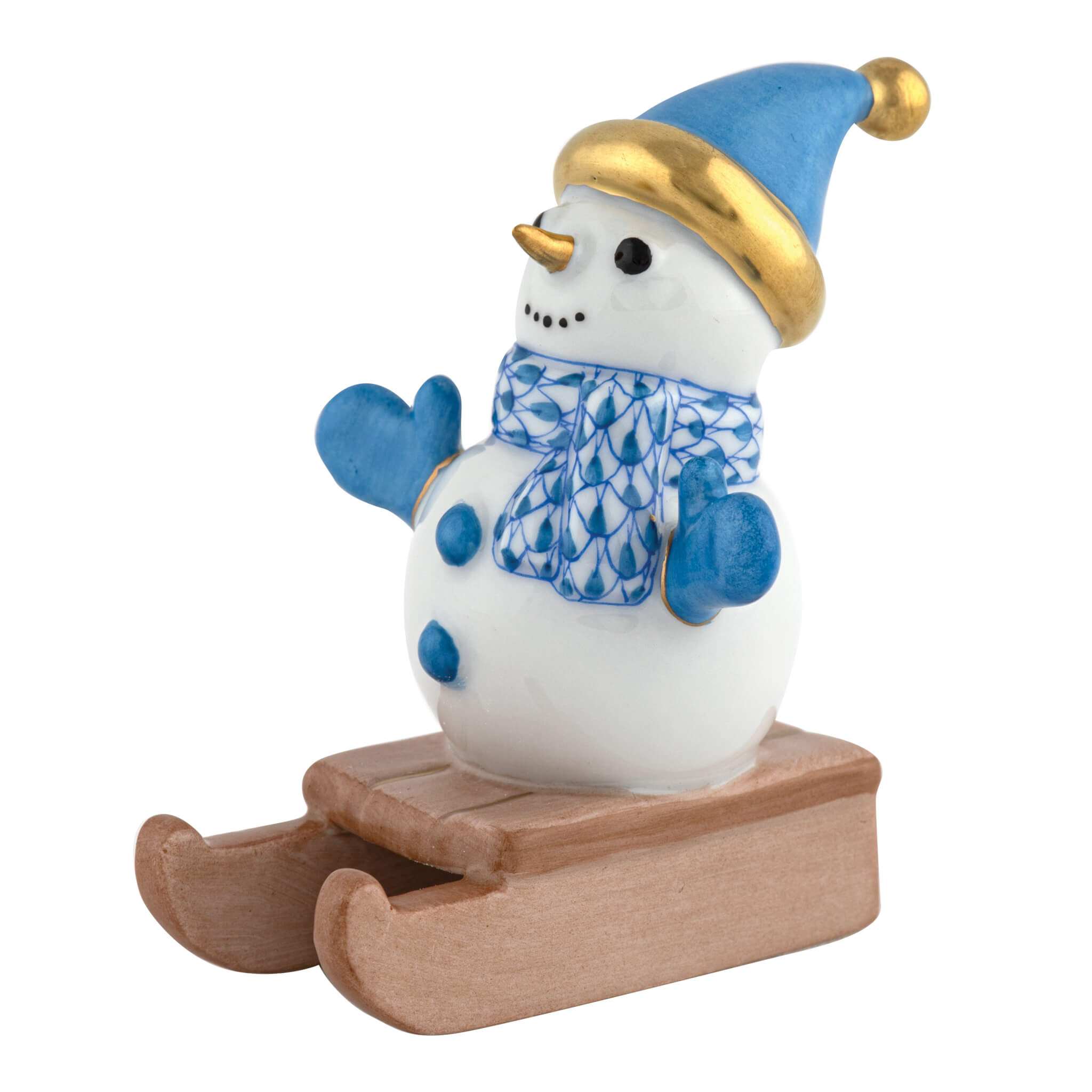 Herend Sledding Snowman figurine in Blue with blue fishnet pattern with gold accents on a white background