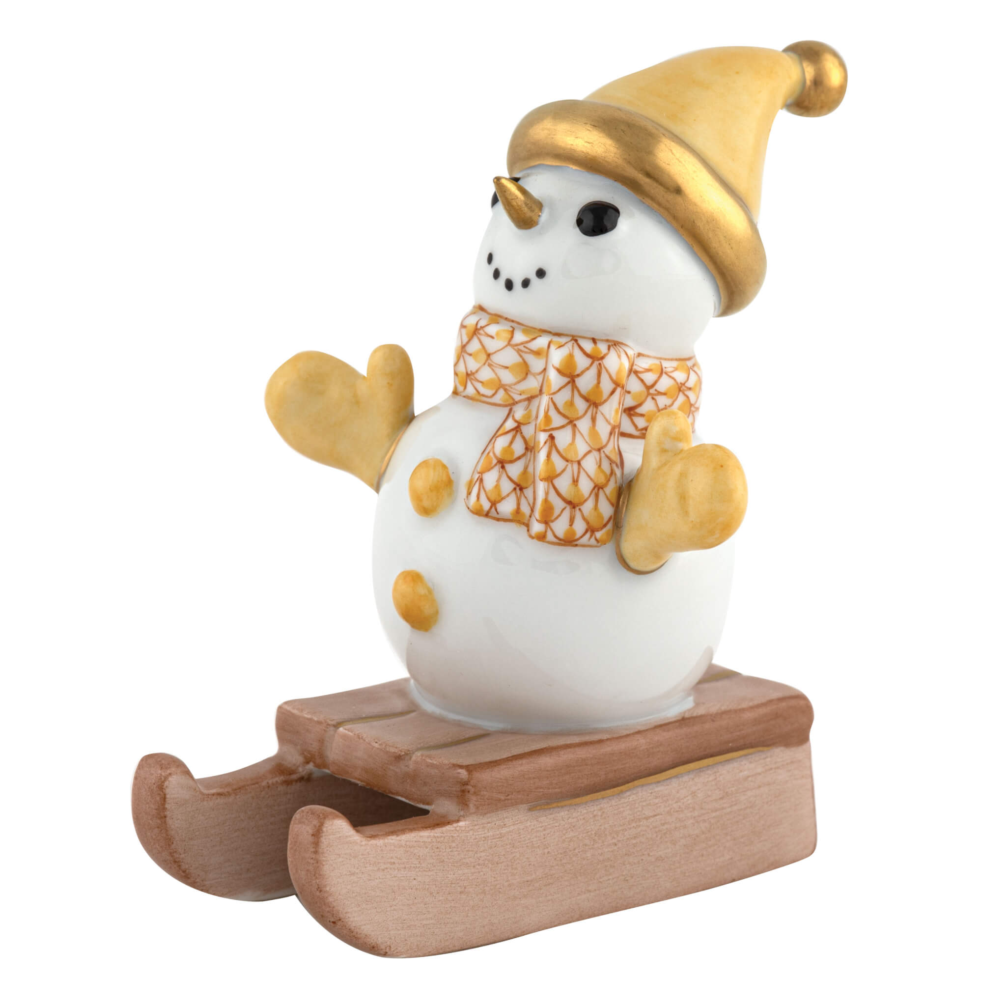Herend Sledding Snowman figurine in Butterscotch with warm butterscotch yellow fishnet pattern with gold accents on a white background
