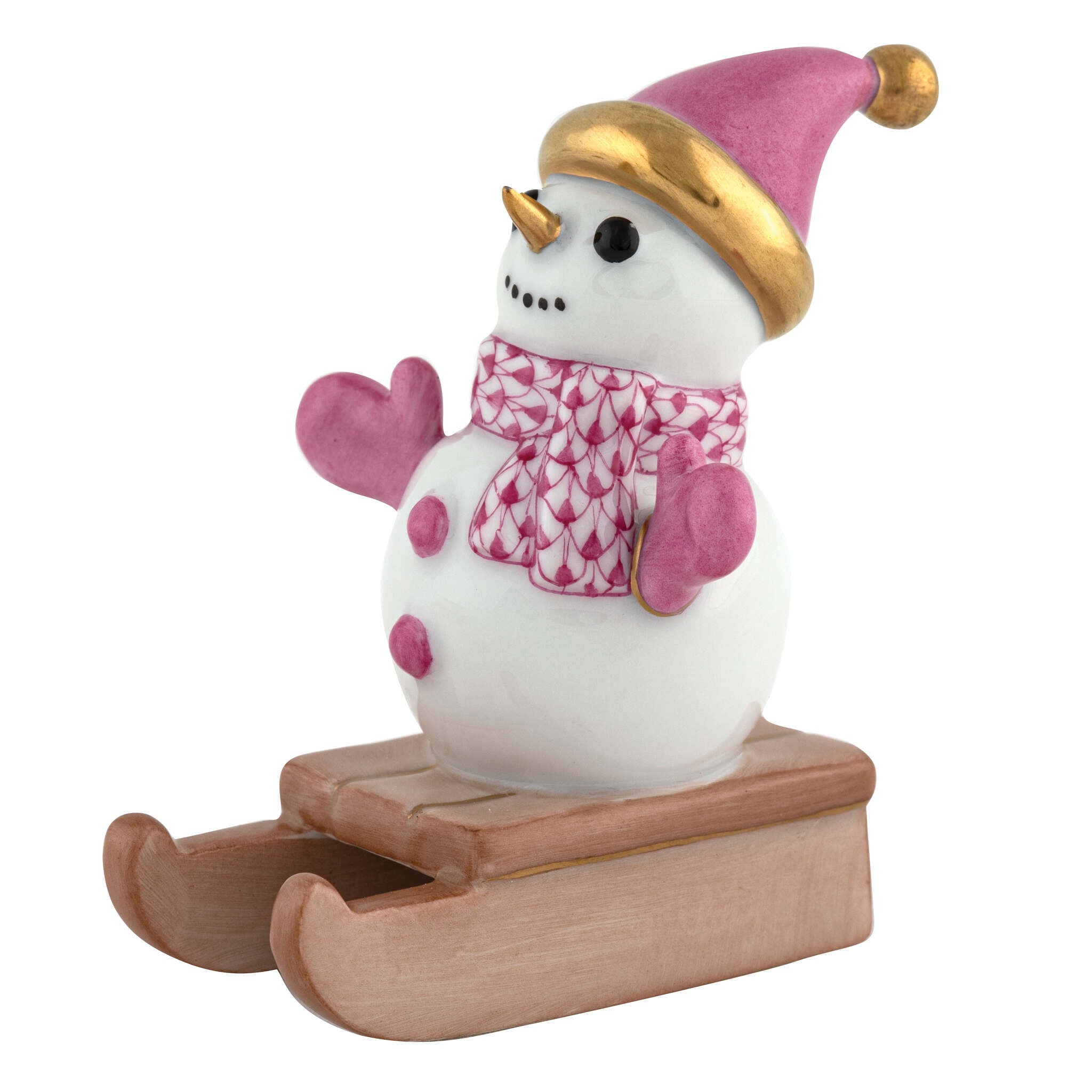 Raspberry fishnet Sledding Snowman Figurine figurine, hand-painted Herend porcelain with 24k gold accents