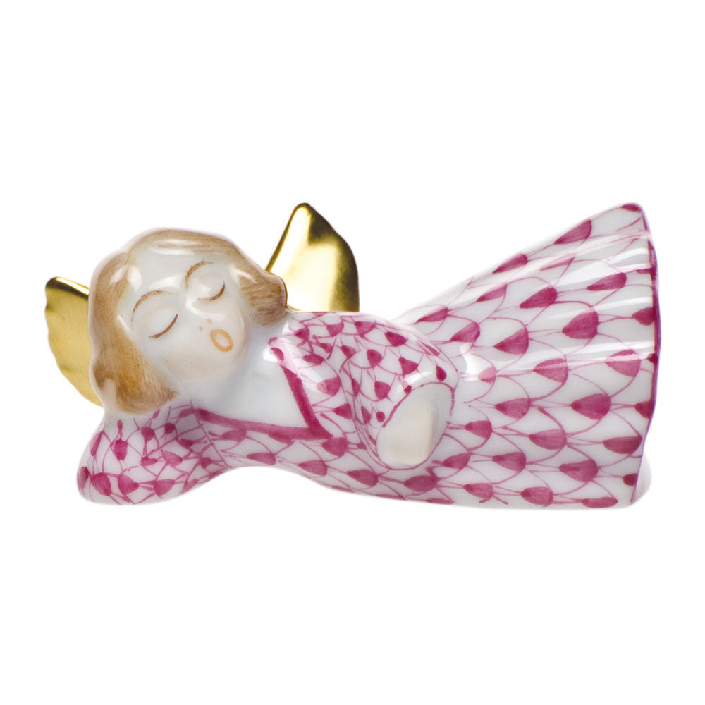 Hand-painted Herend Sleeping Angel Figurine in Raspberry fishnet porcelain on a white background