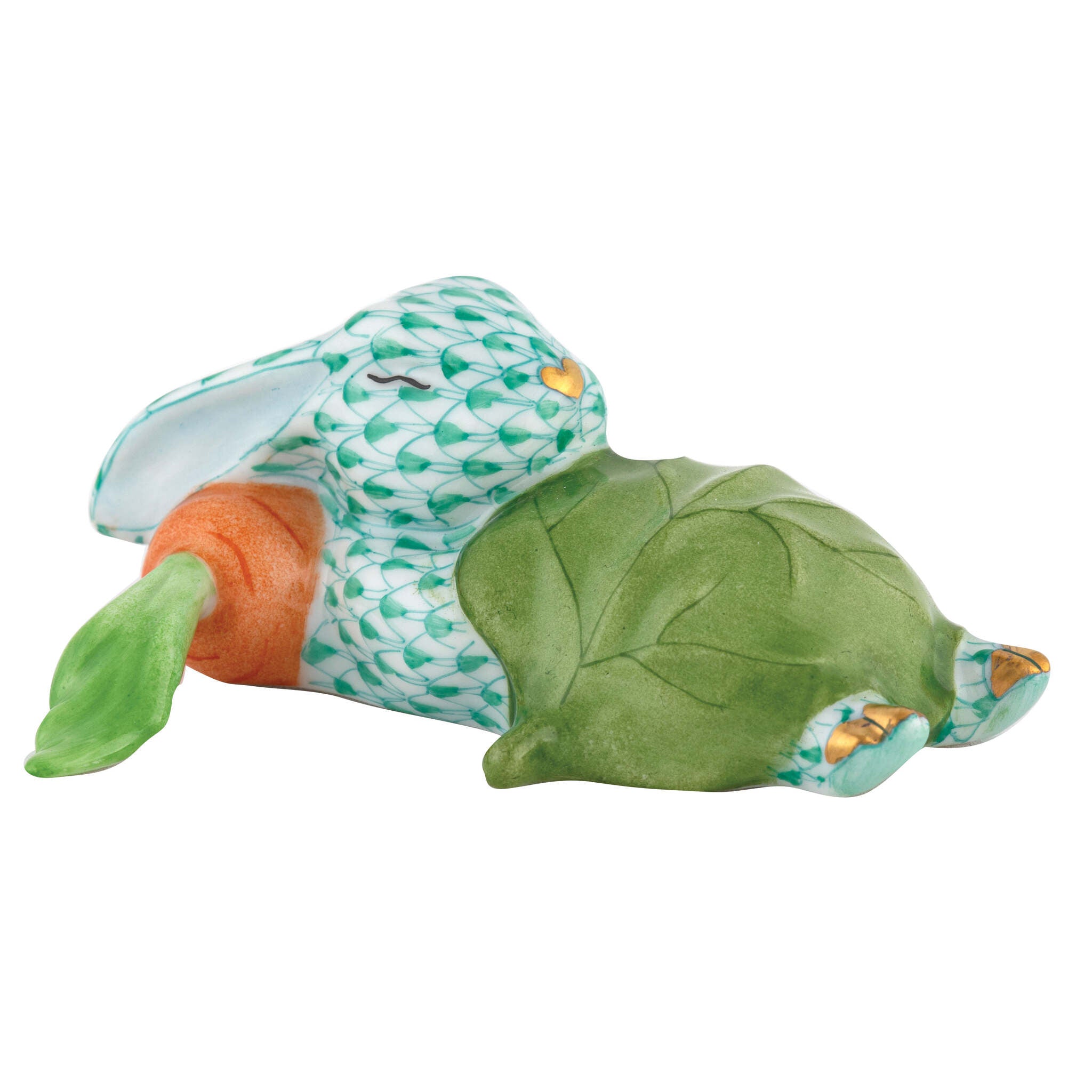 Green fishnet Slumber Bunny Figurine figurine, hand-painted Herend porcelain with 24k gold accents