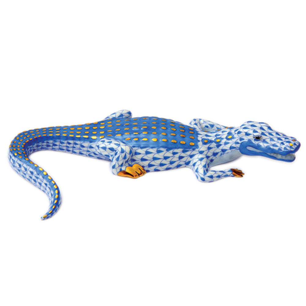 Herend Small Alligator Figurine porcelain figurine painted in the Blue fishnet pattern