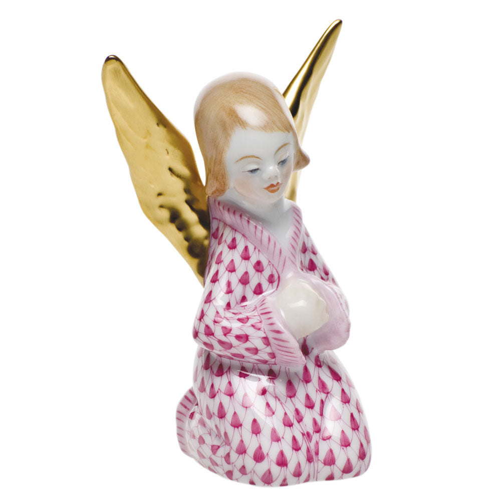 Raspberry fishnet Small Angel Figurine figurine, hand-painted Herend porcelain with 24k gold accents