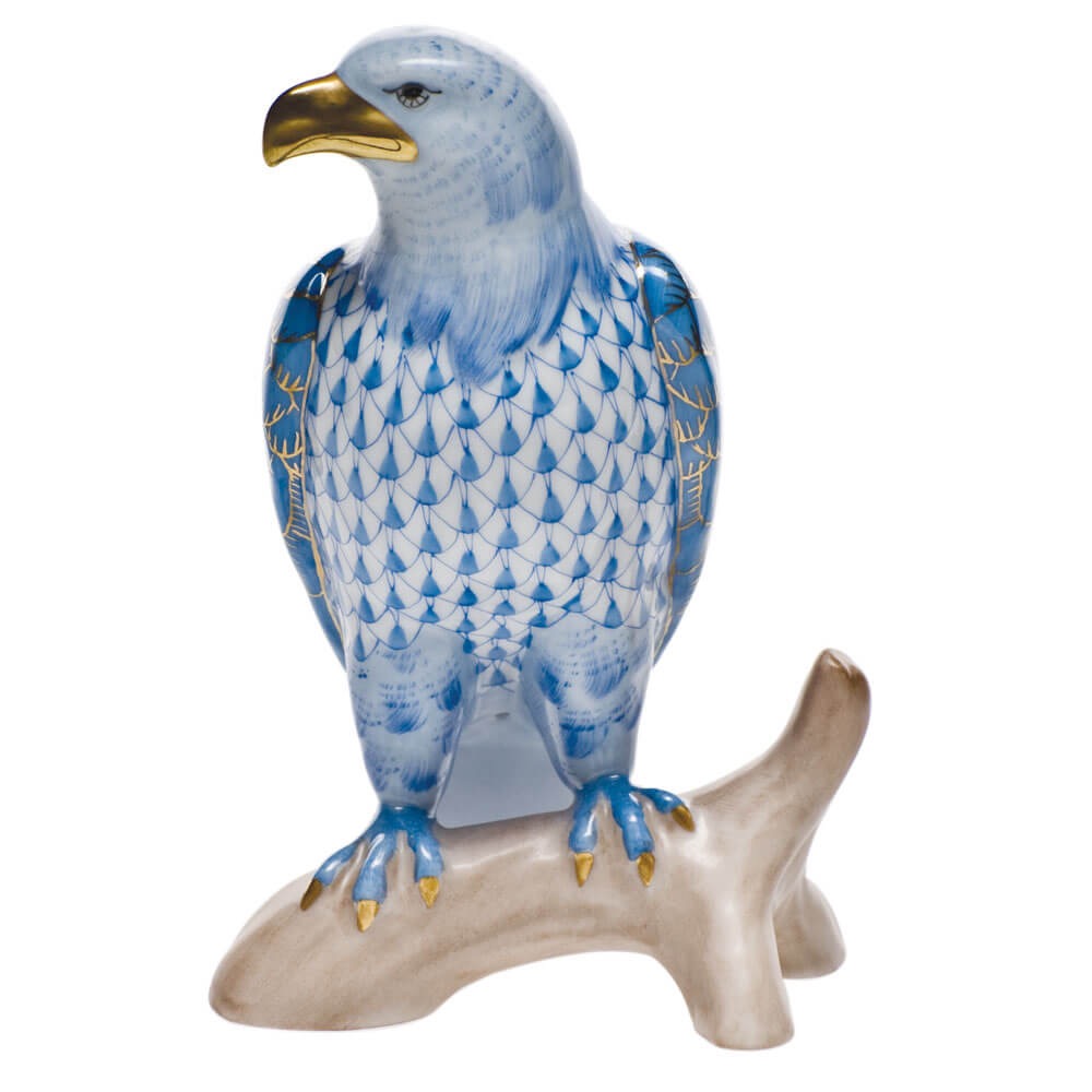 Hand-painted Herend Small Bald Eagle Figurine in Blue fishnet porcelain on a white background
