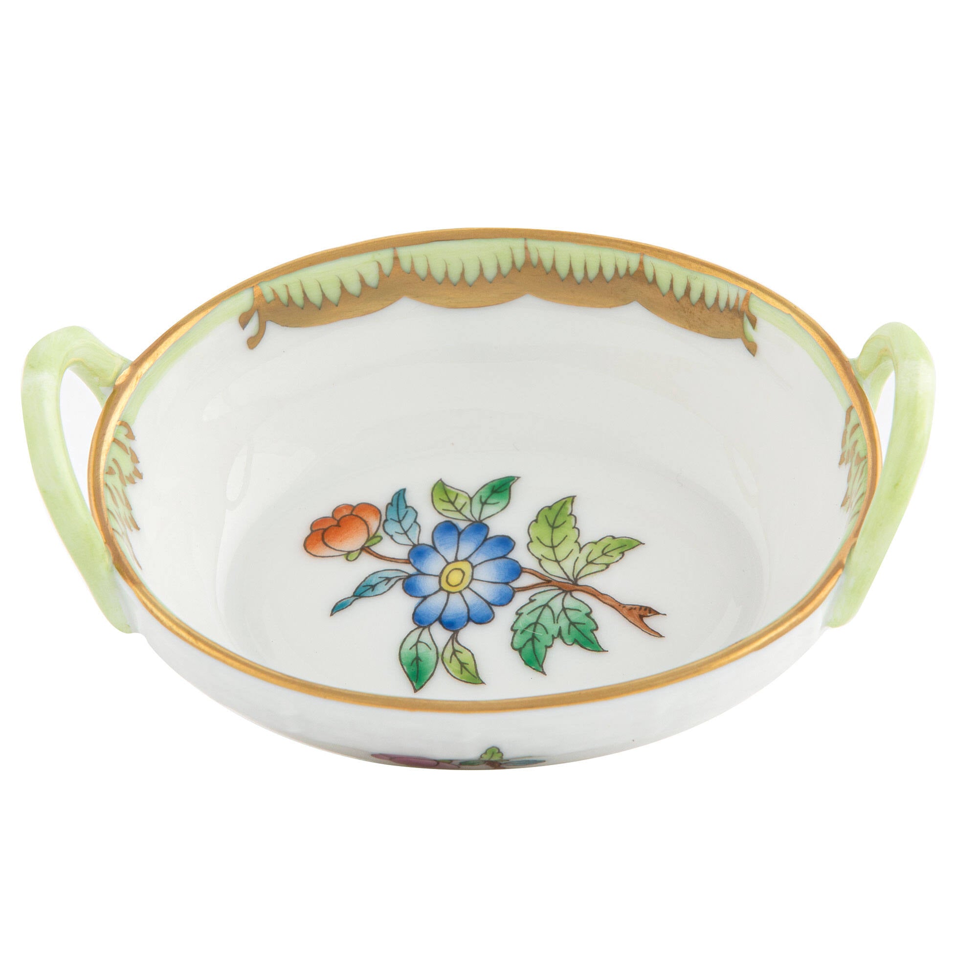 Hand-painted Herend Small Basket with Handles in fine porcelain, 2.75in L X 2.25in W, on a white background