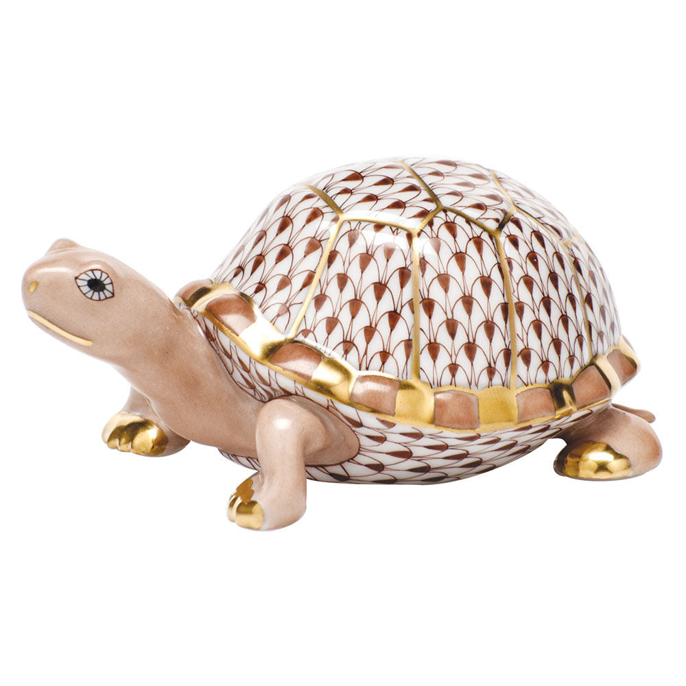 Herend Small Box Turtle Figurine porcelain figurine painted in the Chocolate fishnet pattern
