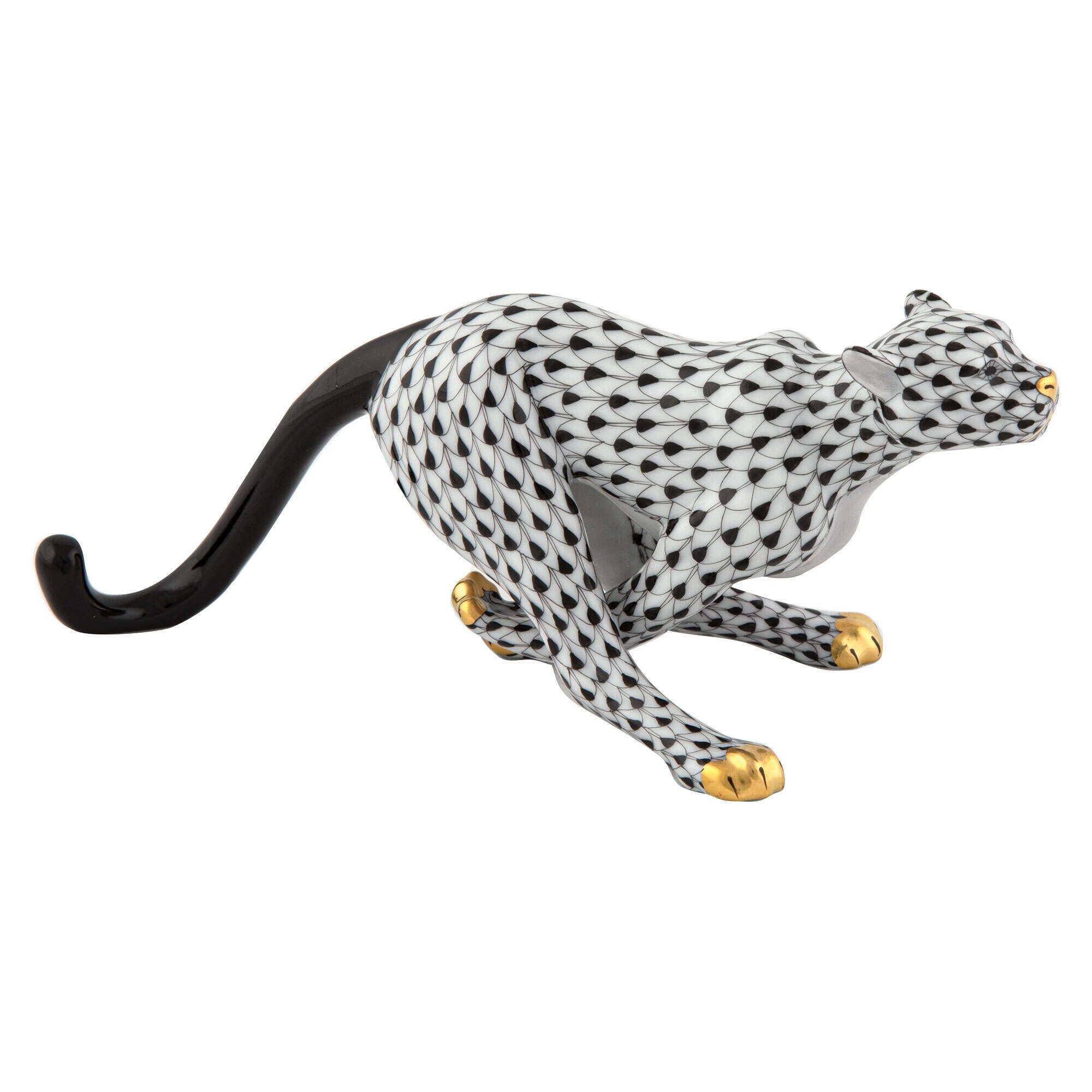 Herend Small Cheetah Figurine porcelain figurine painted in the Black fishnet pattern