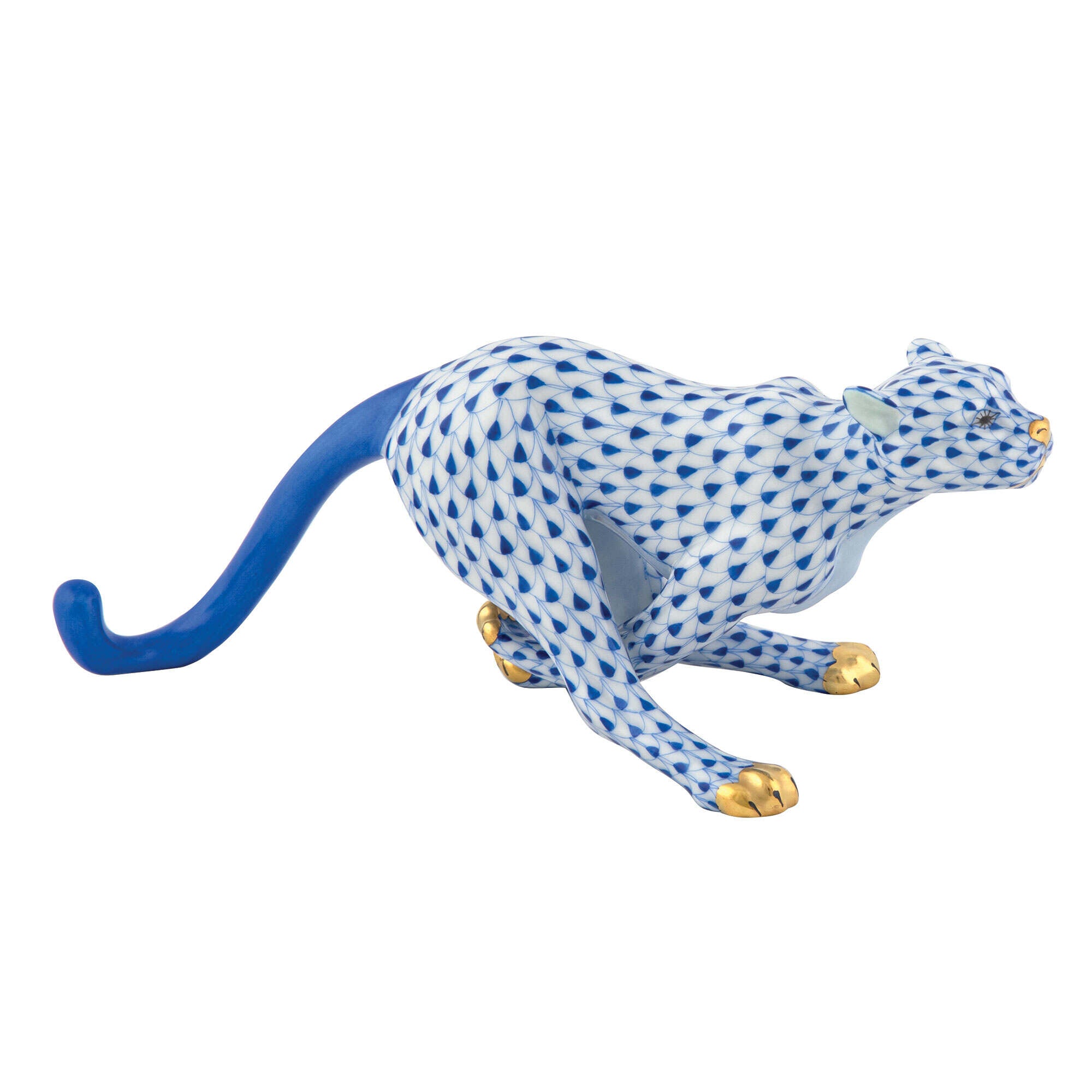 Hand-painted Herend Small Cheetah Figurine in Sapphire fishnet porcelain on a white background