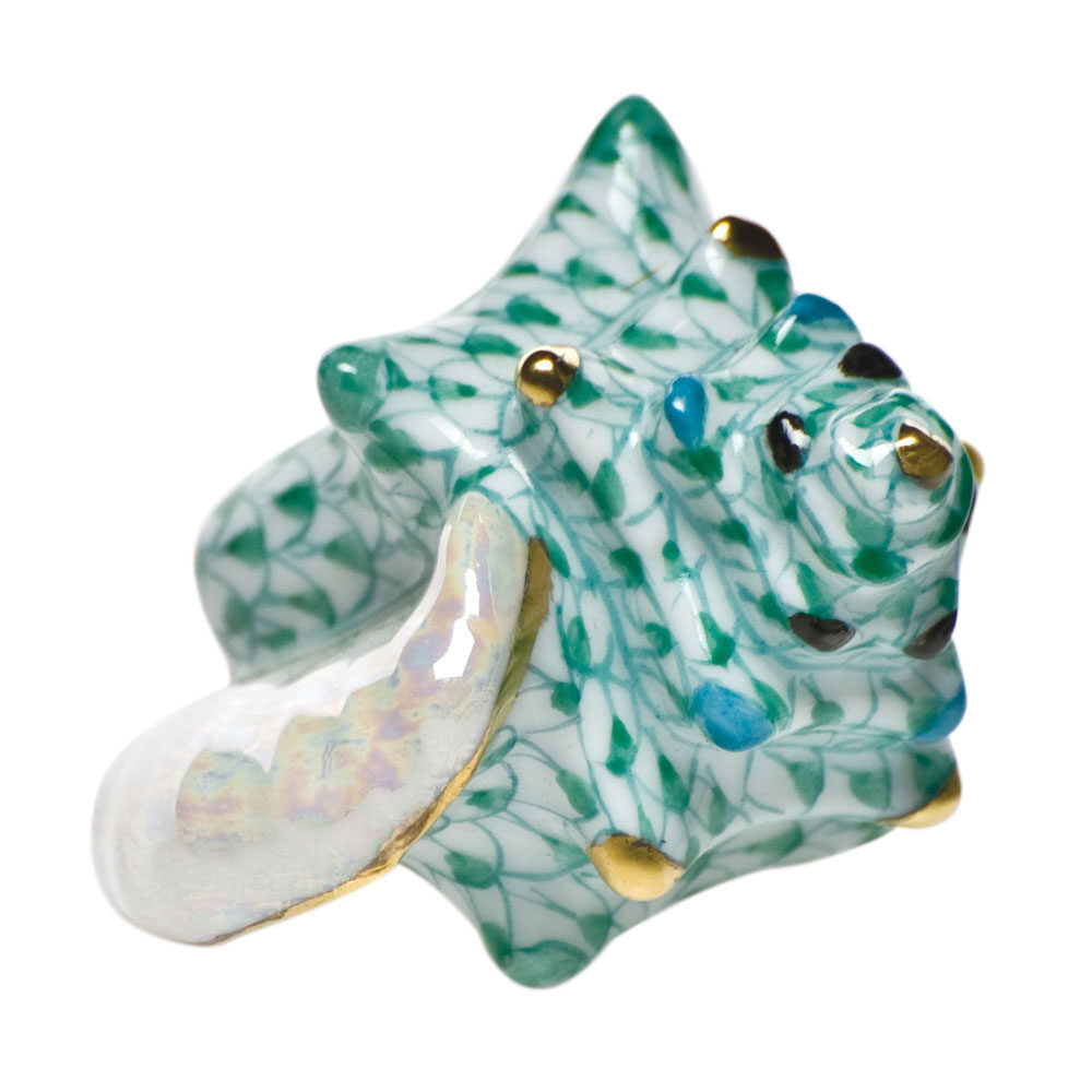 Hand-painted Herend Small Conch Shell Figurine in Green fishnet porcelain on a white background