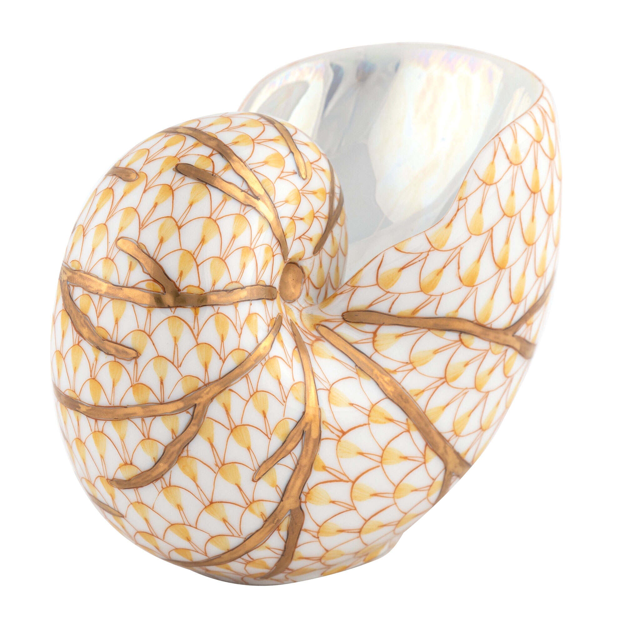 Hand-painted Herend Small Nautilus Figurine in Butterscotch fishnet porcelain on a white background