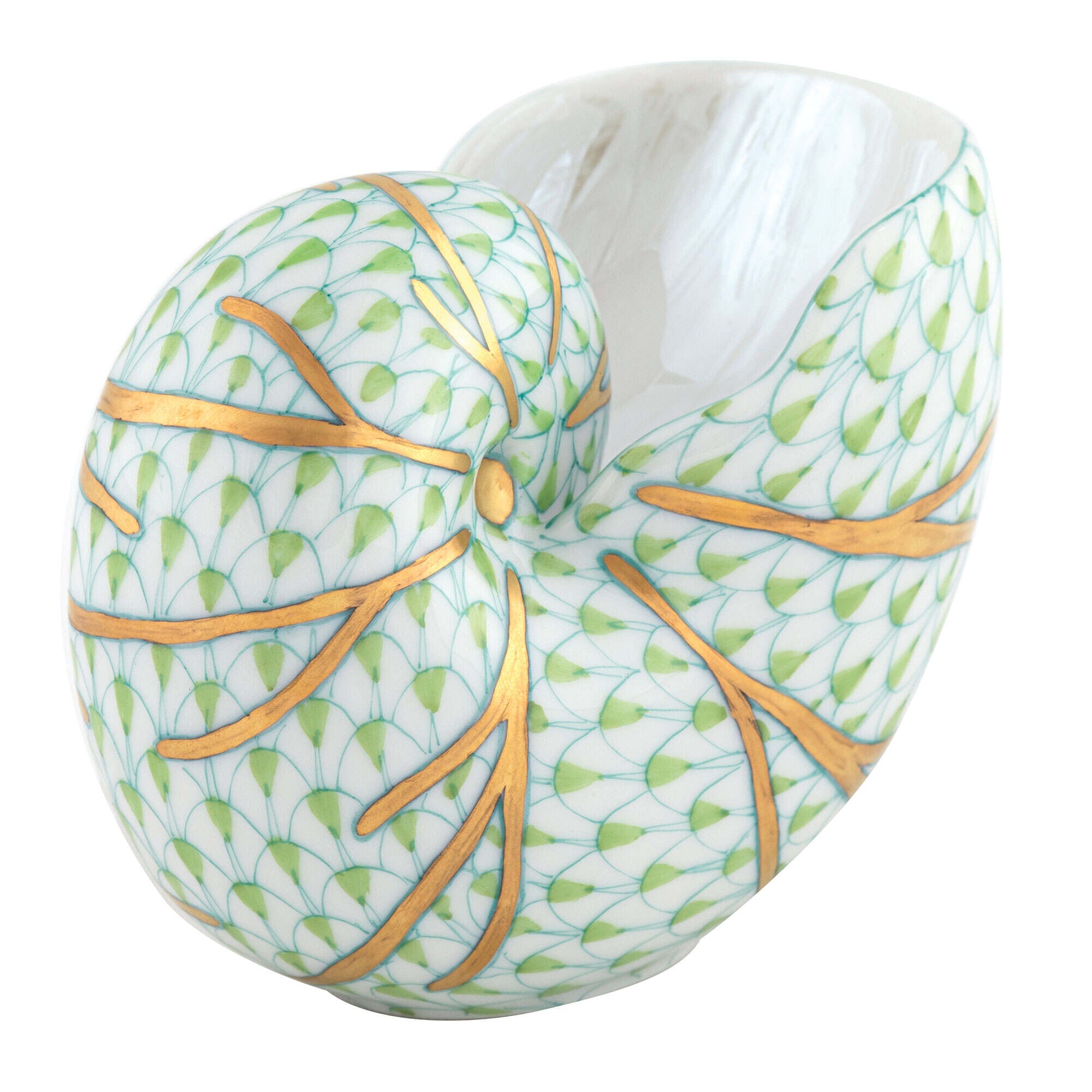 Hand-painted Herend Small Nautilus Figurine in Key Lime fishnet porcelain on a white background