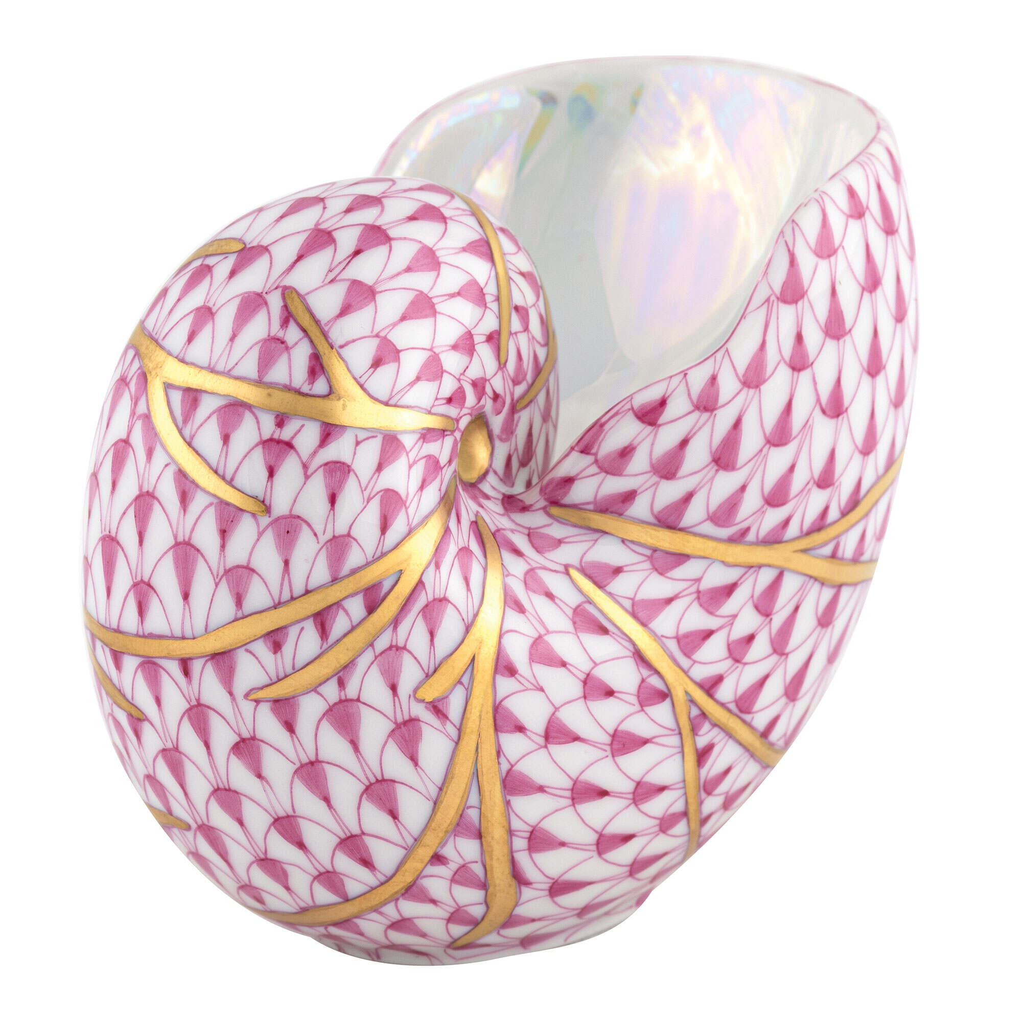 Raspberry fishnet Small Nautilus Figurine figurine, hand-painted Herend porcelain with 24k gold accents