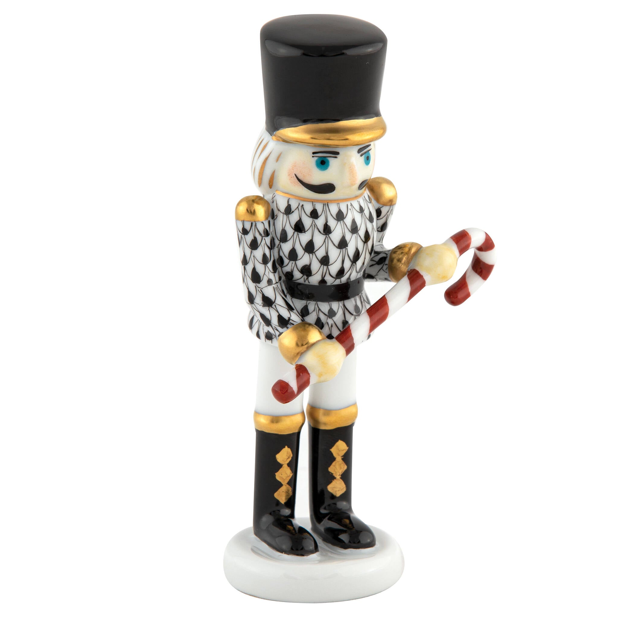Black fishnet Small Nutcracker W/Candy Cane Figurine figurine, hand-painted Herend porcelain with 24k gold accents