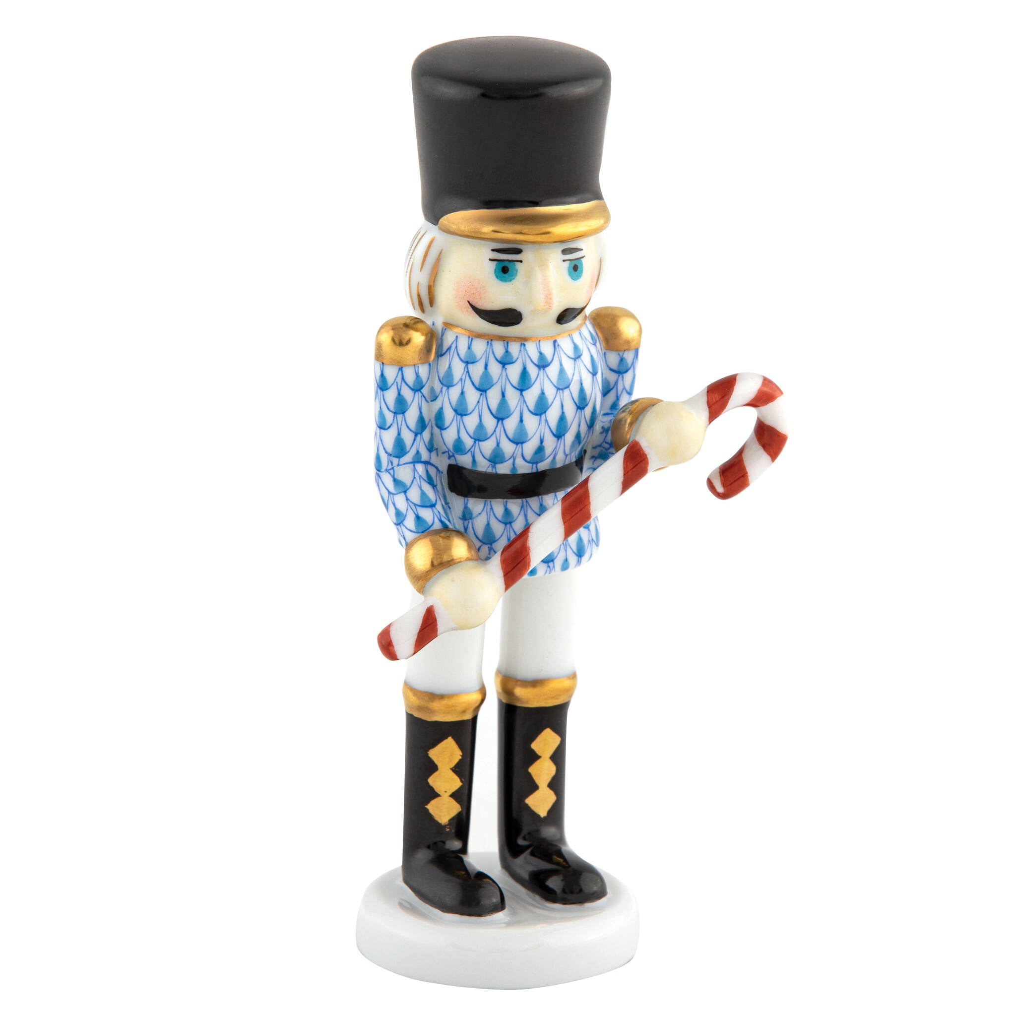 Blue fishnet Small Nutcracker W/Candy Cane Figurine figurine, hand-painted Herend porcelain with 24k gold accents