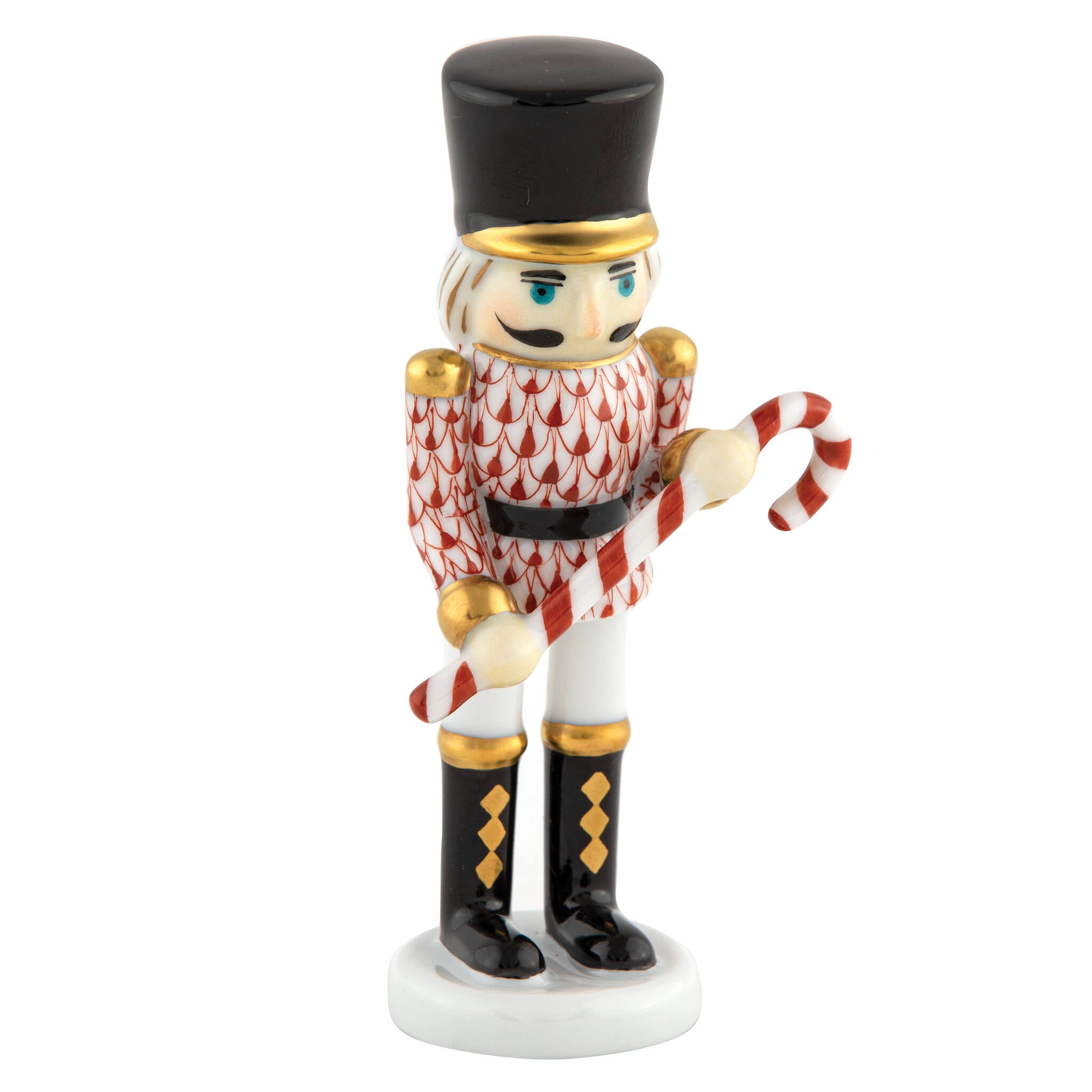 Hand-painted Herend Small Nutcracker W/Candy Cane Figurine in Rust fishnet porcelain on a white background