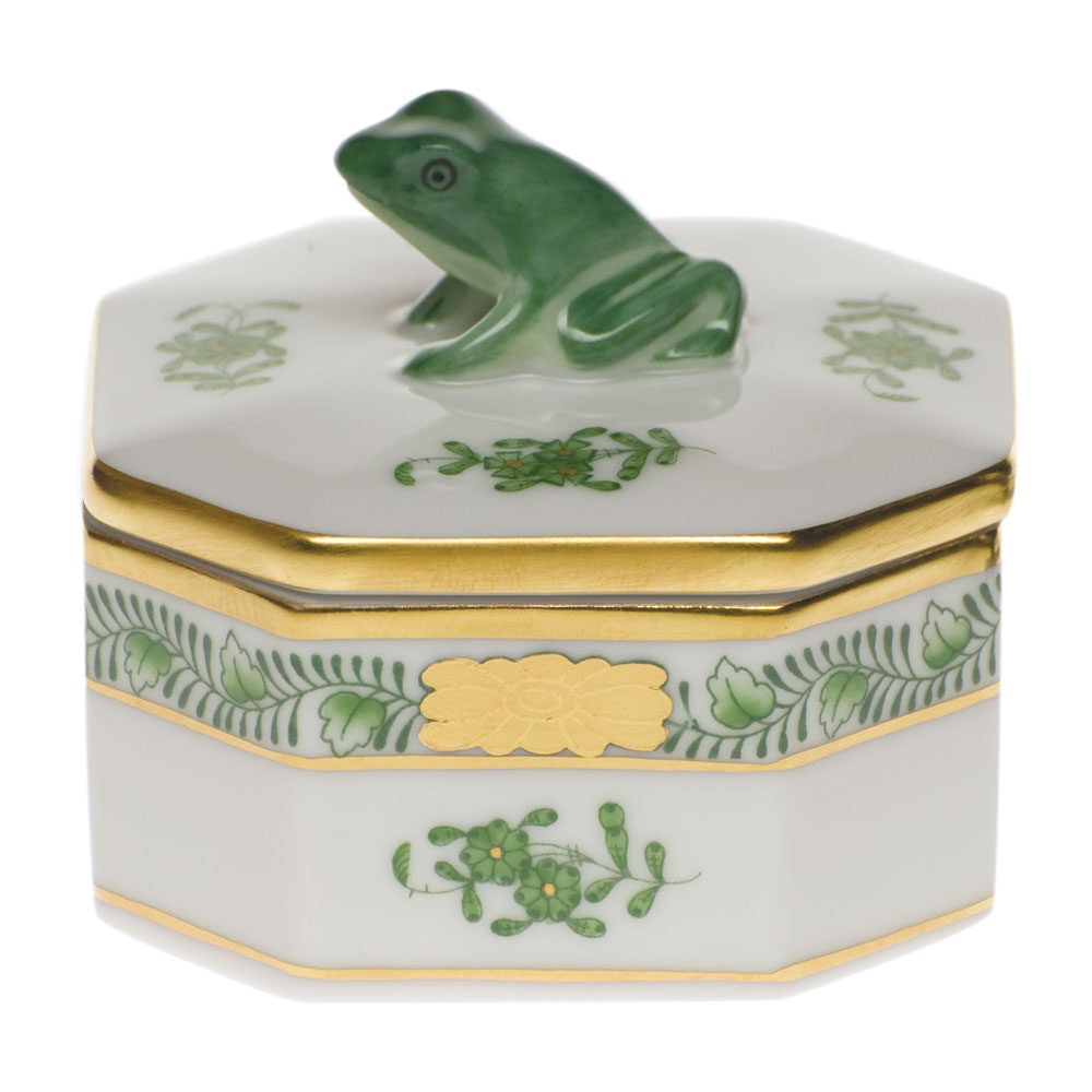 Hand-painted Herend Small Octagonal Box - Frog in fine porcelain, 2.5in L X 2.5in W, on a white background