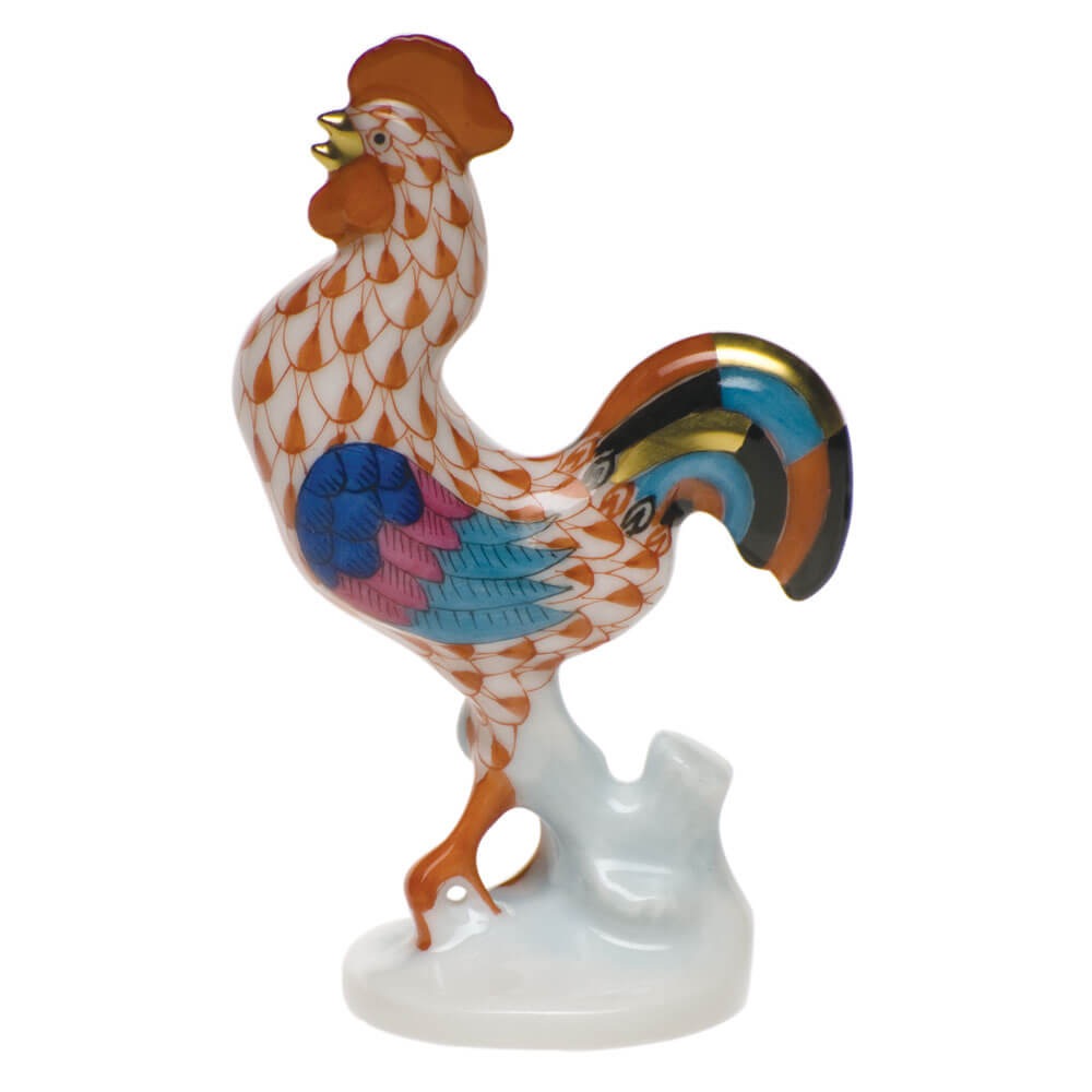 Hand-painted Herend Small Rooster Figurine in fine porcelain, 2.75in H, on a white background