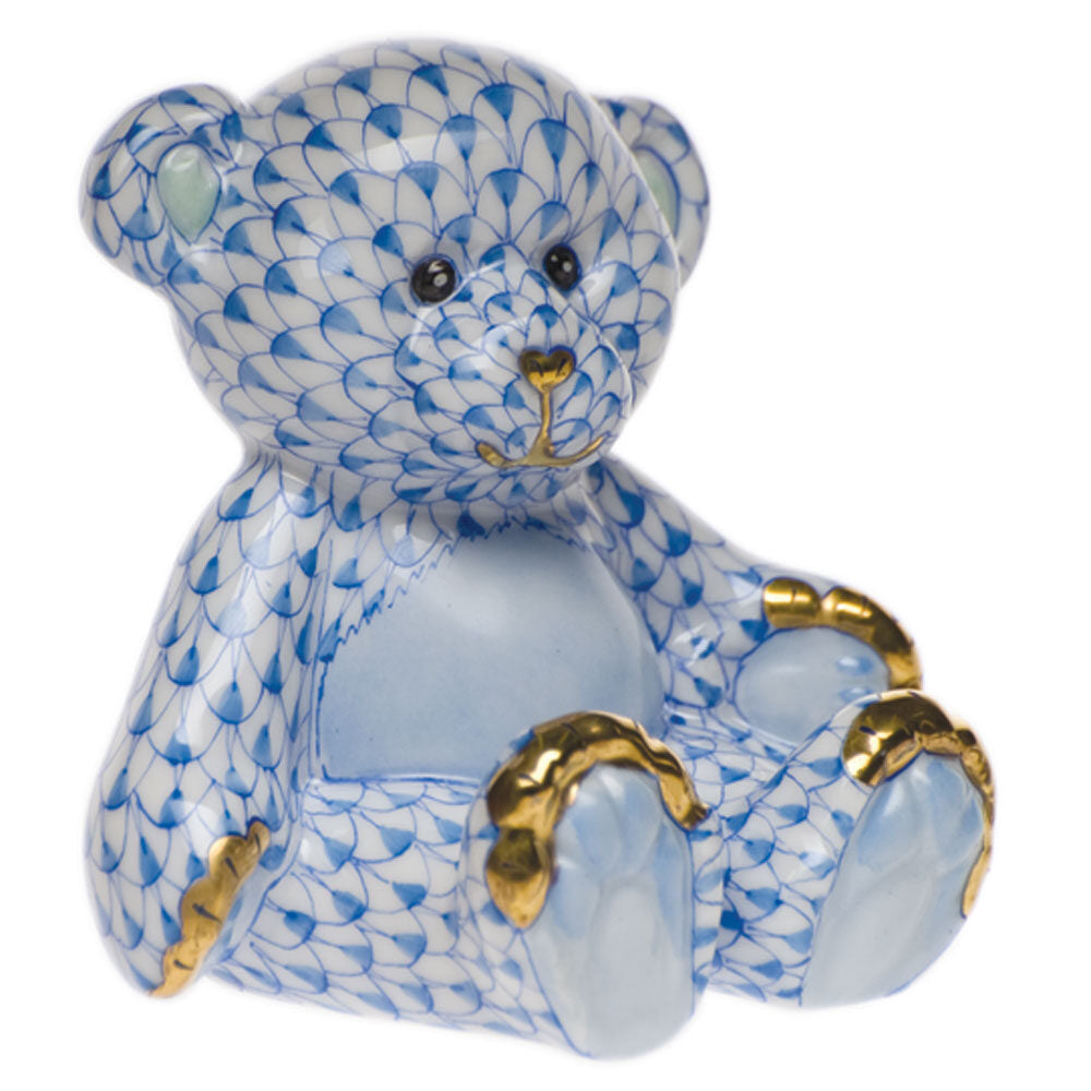 Herend Small Teddy Bear Figurine porcelain figurine painted in the Blue fishnet pattern