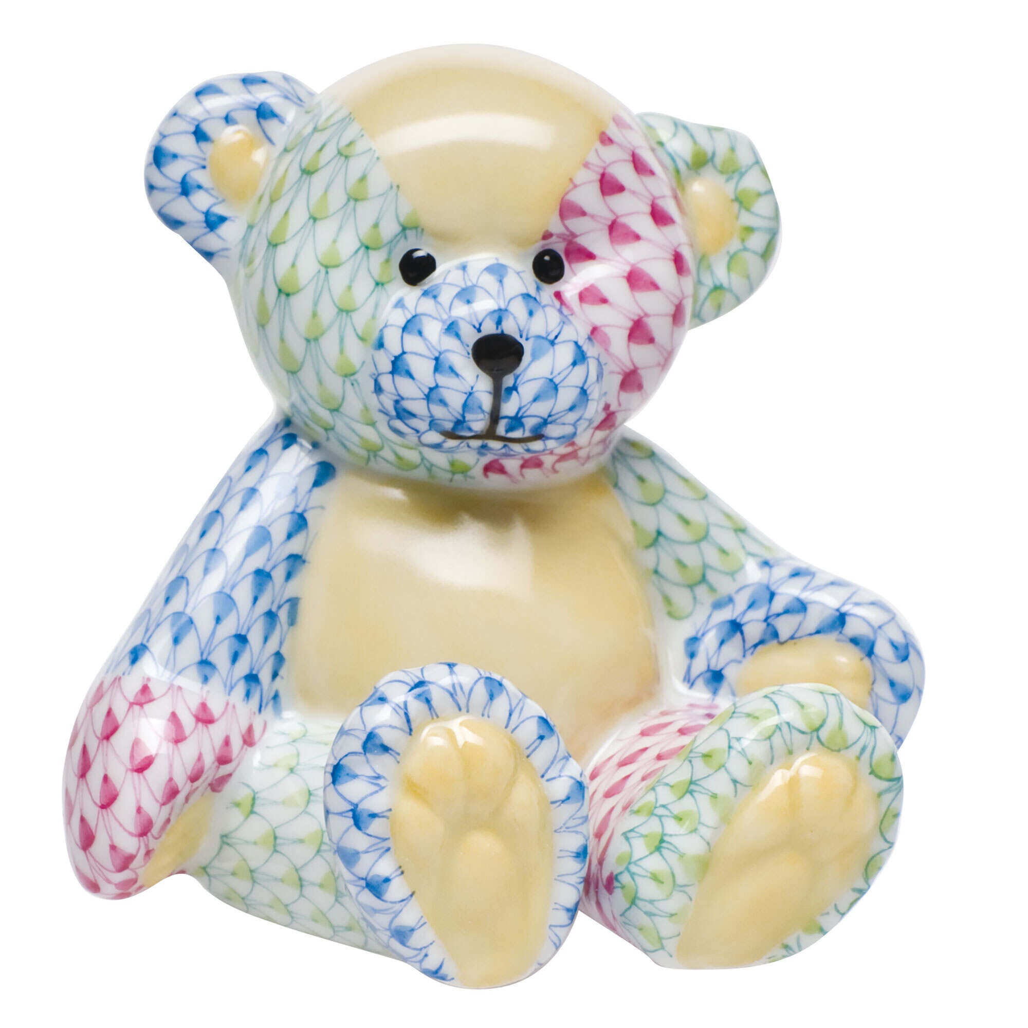 Herend Small Teddy Bear Figurine porcelain figurine painted in the Multicolor fishnet pattern