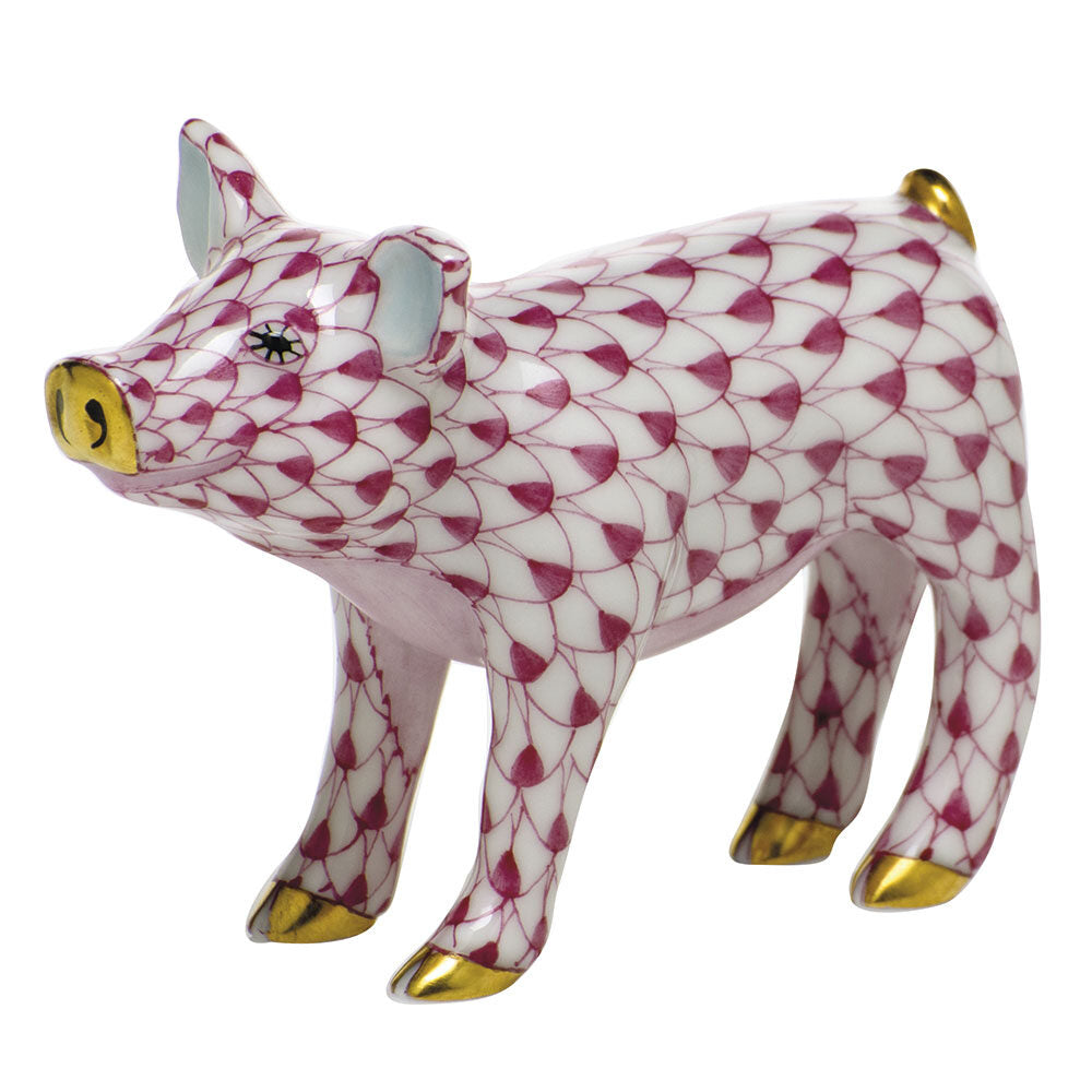 Raspberry fishnet Smiling Pig Figurine figurine, hand-painted Herend porcelain with 24k gold accents