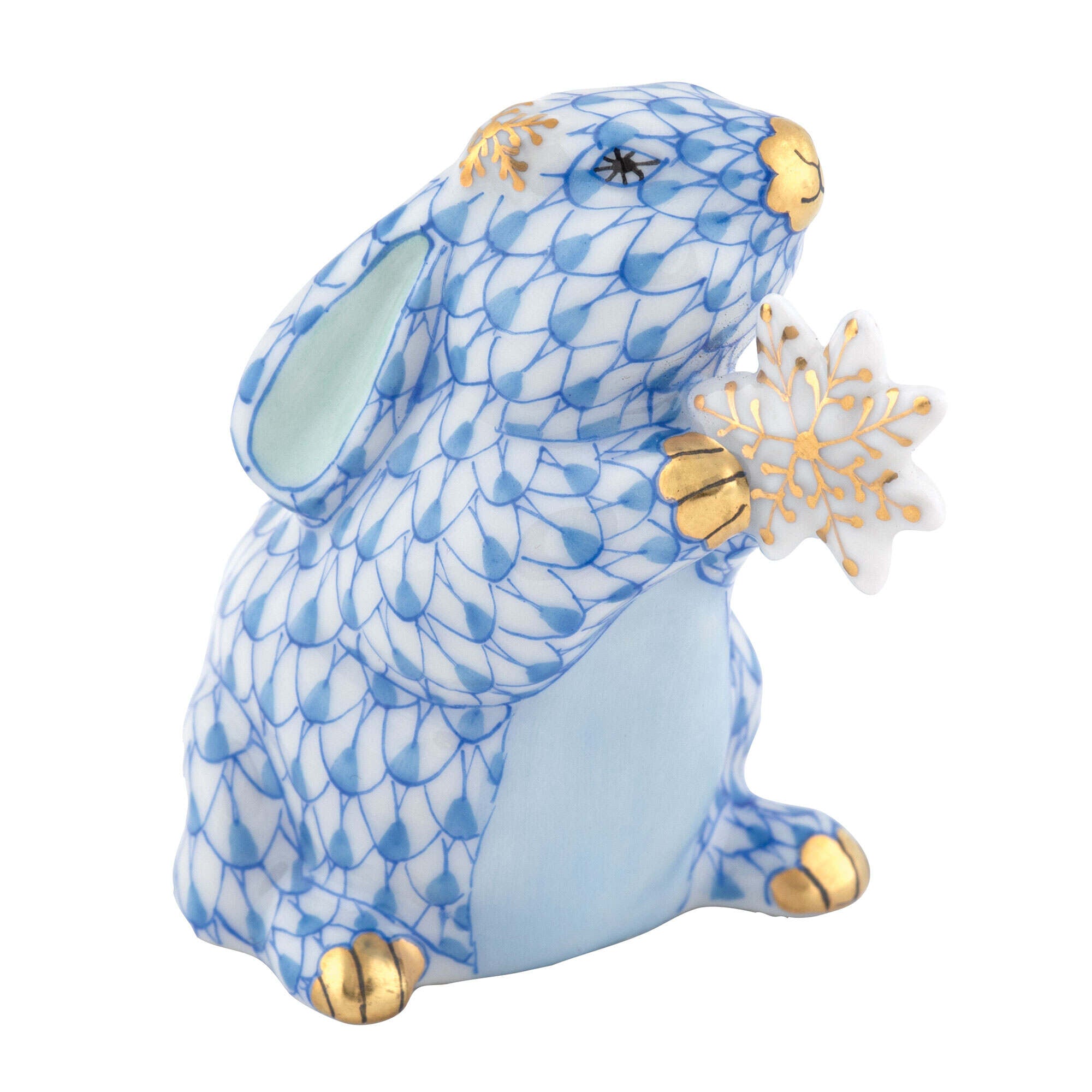 Blue fishnet Snowflake Bunny Figurine figurine, hand-painted Herend porcelain with 24k gold accents