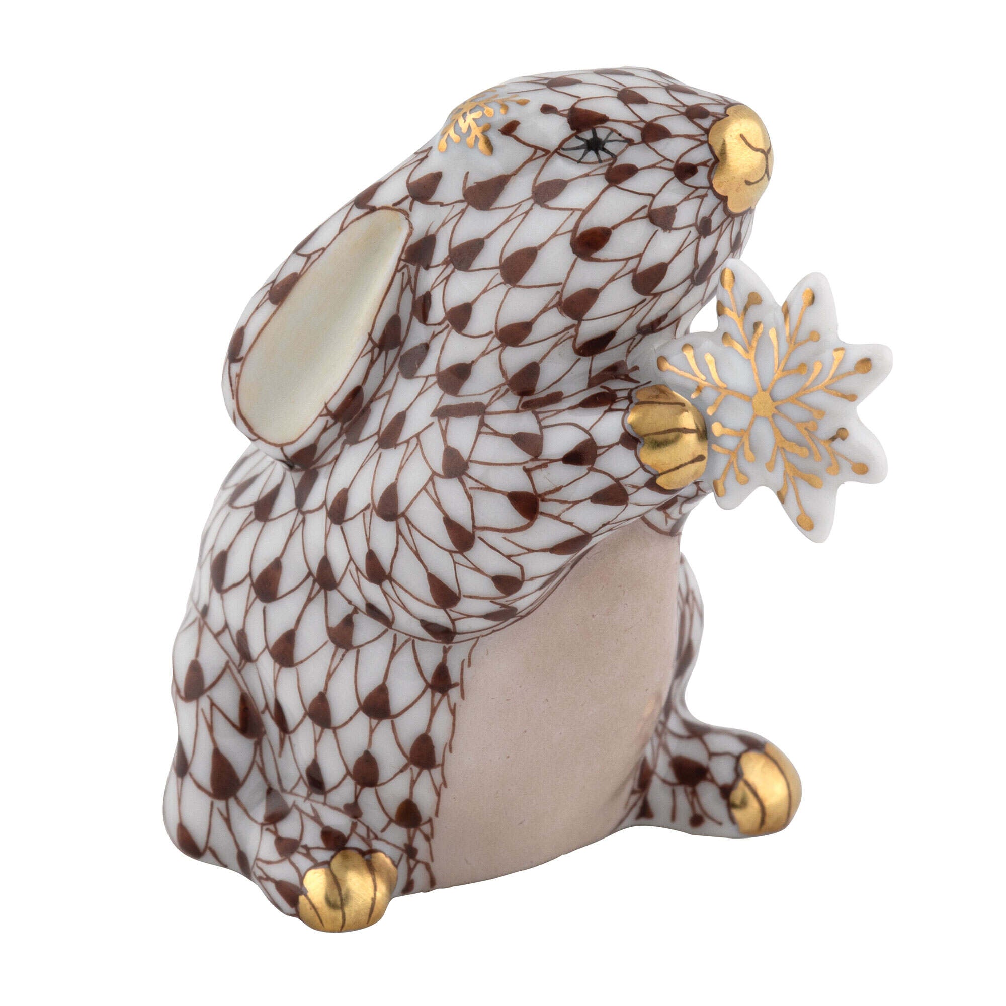 Hand-painted Herend Snowflake Bunny Figurine in Chocolate fishnet porcelain on a white background