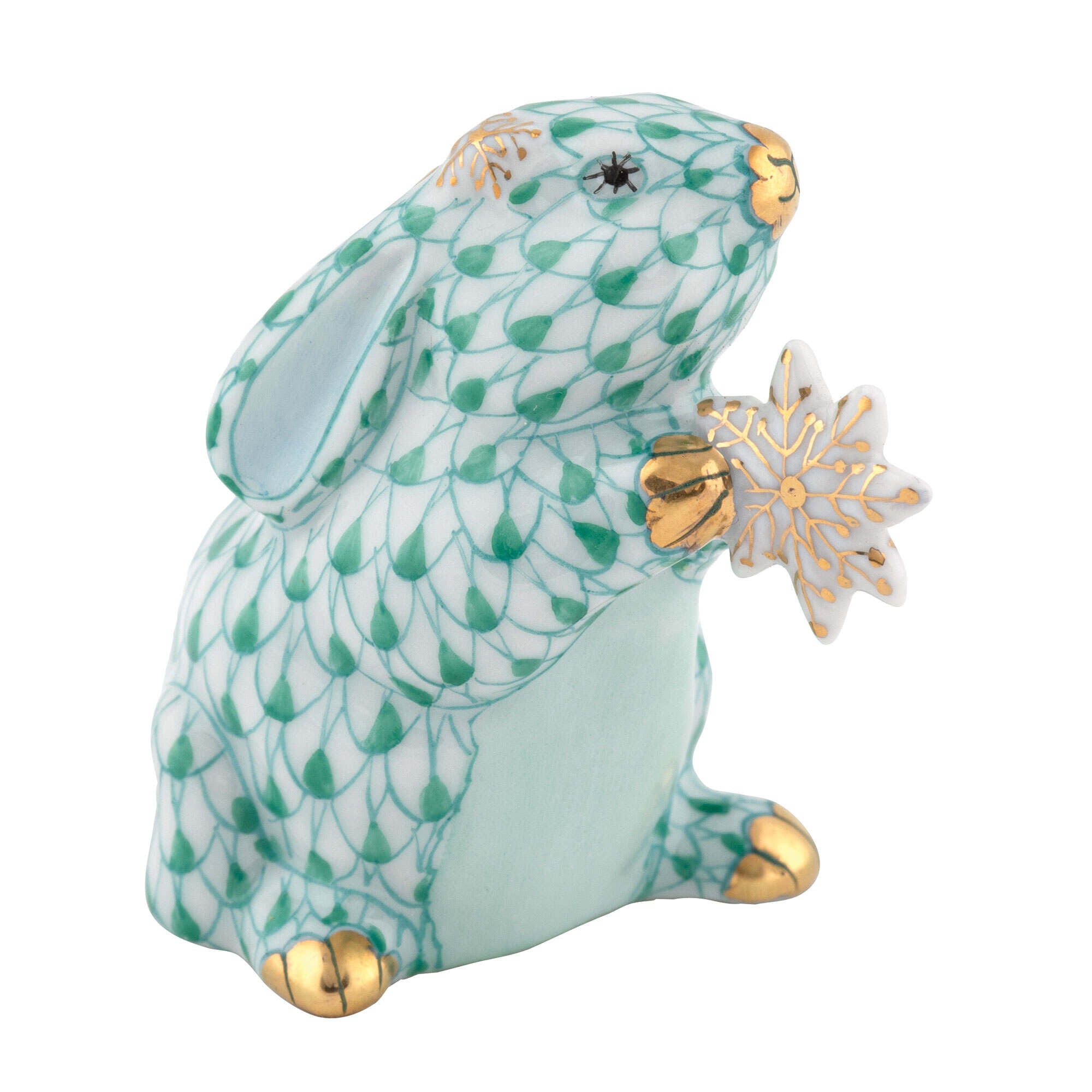 Green fishnet Snowflake Bunny Figurine figurine, hand-painted Herend porcelain with 24k gold accents