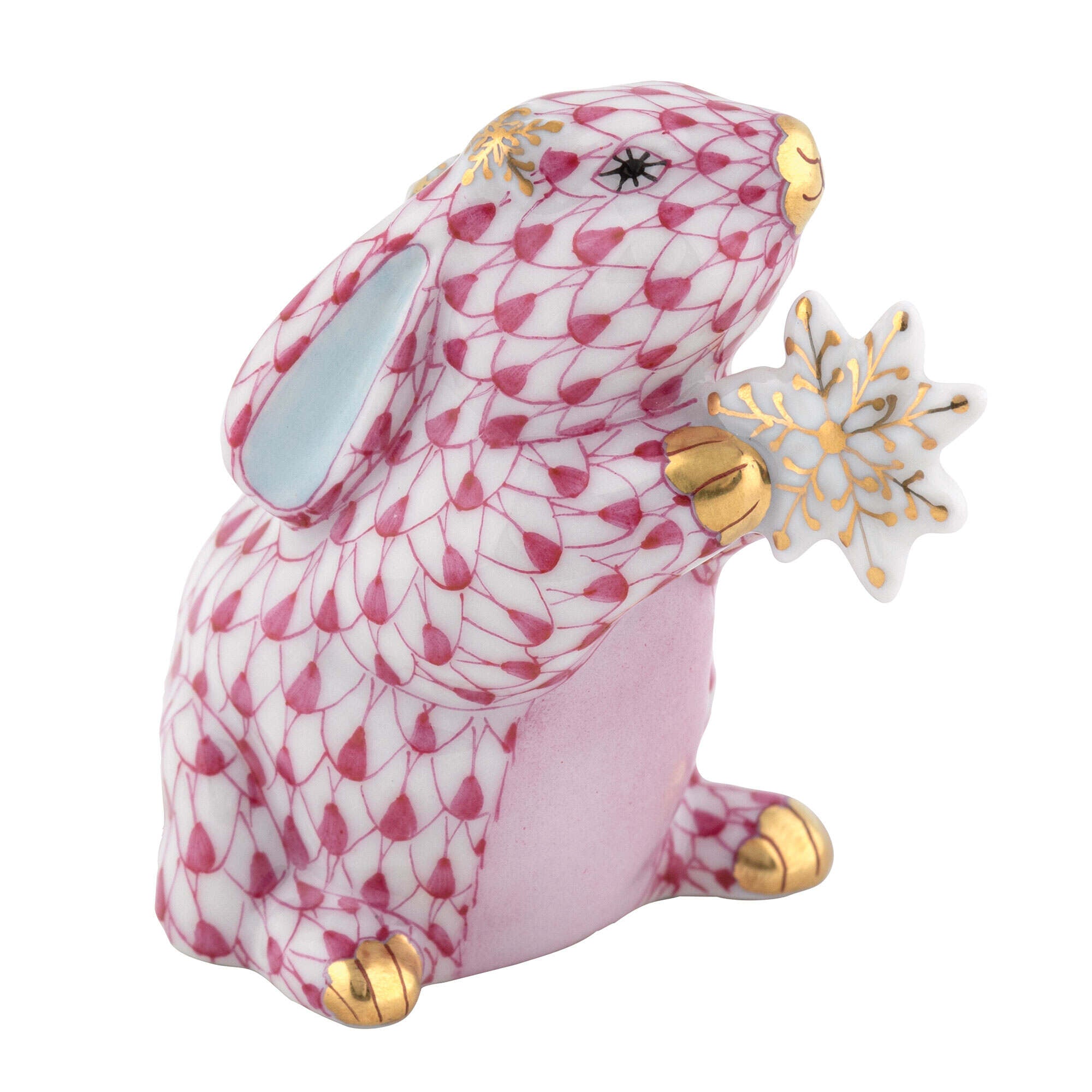 Raspberry fishnet Snowflake Bunny Figurine figurine, hand-painted Herend porcelain with 24k gold accents